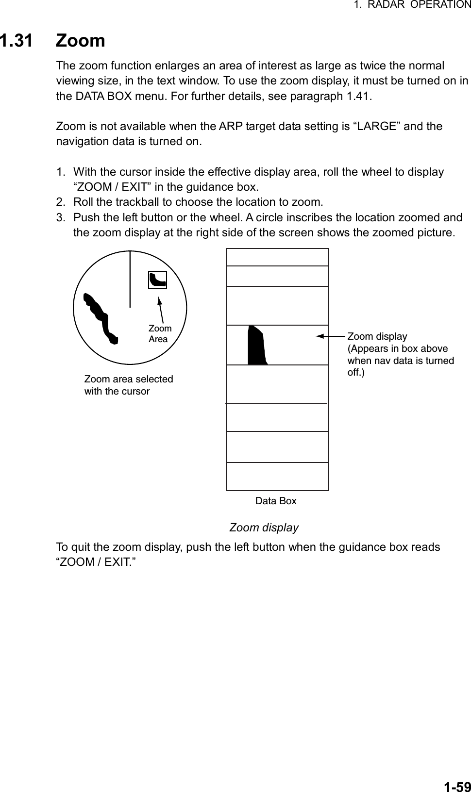 1. RADAR OPERATION  1-591.31 Zoom The zoom function enlarges an area of interest as large as twice the normal viewing size, in the text window. To use the zoom display, it must be turned on in the DATA BOX menu. For further details, see paragraph 1.41.  Zoom is not available when the ARP target data setting is “LARGE” and the navigation data is turned on.  1.  With the cursor inside the effective display area, roll the wheel to display “ZOOM / EXIT” in the guidance box. 2.  Roll the trackball to choose the location to zoom.   3.  Push the left button or the wheel. A circle inscribes the location zoomed and the zoom display at the right side of the screen shows the zoomed picture. Zoom area selectedwith the cursorData BoxZoomArea Zoom display(Appears in box abovewhen nav data is turnedoff.) Zoom display To quit the zoom display, push the left button when the guidance box reads “ZOOM / EXIT.”       