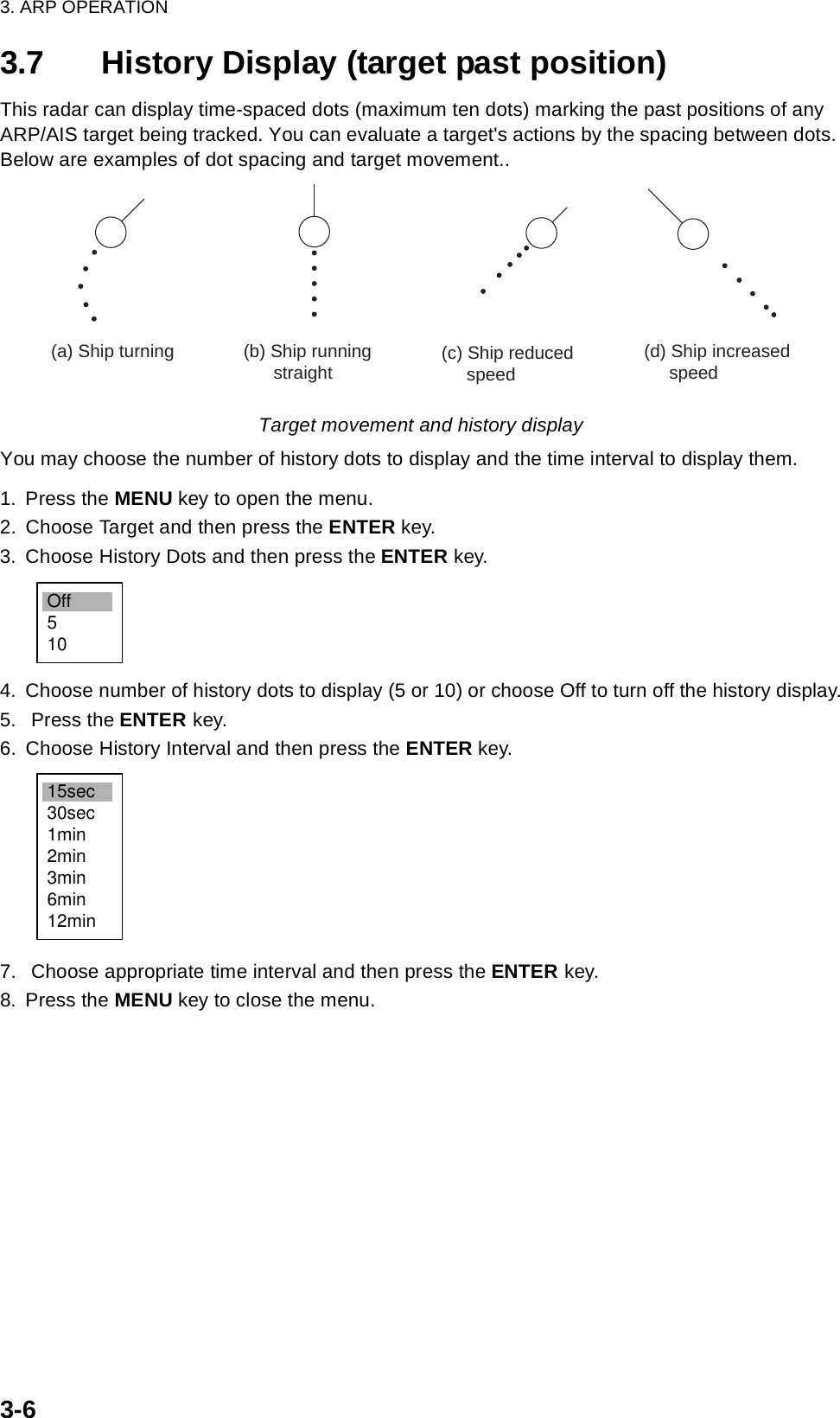 3. ARP OPERATION3-63.7 History Display (target past position)This radar can display time-spaced dots (maximum ten dots) marking the past positions of any ARP/AIS target being tracked. You can evaluate a target&apos;s actions by the spacing between dots. Below are examples of dot spacing and target movement..Target movement and history displayYou may choose the number of history dots to display and the time interval to display them.1. Press the MENU key to open the menu.2. Choose Target and then press the ENTER key.3. Choose History Dots and then press the ENTER key.4. Choose number of history dots to display (5 or 10) or choose Off to turn off the history display.5.  Press the ENTER key.6. Choose History Interval and then press the ENTER key.7.  Choose appropriate time interval and then press the ENTER key.8. Press the MENU key to close the menu.(a) Ship turning (b) Ship running       straight (c) Ship reduced     speed(d) Ship increased     speedOff51015sec30sec1min2min3min6min12min