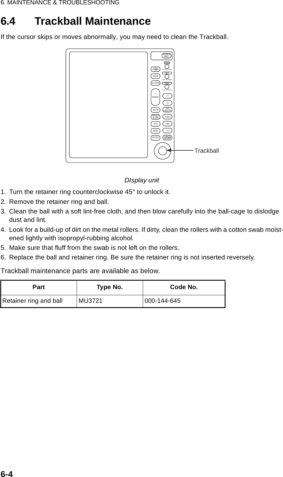 6. MAINTENANCE &amp; TROUBLESHOOTING6-46.4 Trackball MaintenanceIf the cursor skips or moves abnormally, you may need to clean the Trackball.DIsplay unit1. Turn the retainer ring counterclockwise 45° to unlock it.2. Remove the retainer ring and ball.3. Clean the ball with a soft lint-free cloth, and then blow carefully into the ball-cage to dislodge dust and lint.4. Look for a build-up of dirt on the metal rollers. If dirty, clean the rollers with a cotton swab moist-ened lightly with isopropyl-rubbing alcohol.5. Make sure that fluff from the swab is not left on the rollers.6. Replace the ball and retainer ring. Be sure the retainer ring is not inserted reversely.Trackball maintenance parts are available as below.Part Type No. Code No.Retainer ring and ball MU3721 000-144-645ENTERTARGETALARMCANCELHL OFFTLLMENUEBLZOOM OFFCENTERTRAILSVRMF1F2PUSH AUTO/MANPUSH AUTO/MANPUSH AUTO/MANSTBYTXMODECUSTOM+RANGE-GAINSEARAINPOWERBRILLTrackball