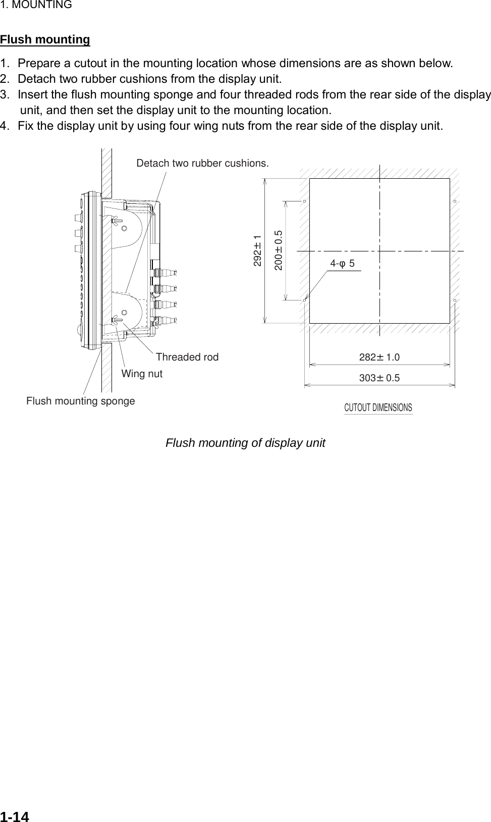 1. MOUNTING  1-14  Flush mounting 1.  Prepare a cutout in the mounting location whose dimensions are as shown below. 2.  Detach two rubber cushions from the display unit. 3.  Insert the flush mounting sponge and four threaded rods from the rear side of the display unit, and then set the display unit to the mounting location. 4.  Fix the display unit by using four wing nuts from the rear side of the display unit. 292±1200±0.5282±1.0303±0.54-φ5CUTOUT DIMENSIONSWing nutThreaded rodFlush mounting spongeDetach two rubber cushions. Flush mounting of display unit 