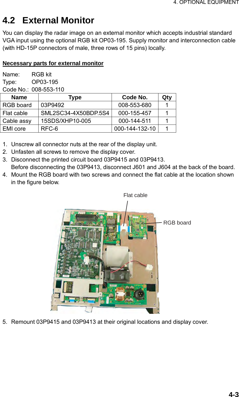 4. OPTIONAL EQUIPMENT  4-34.2 External Monitor You can display the radar image on an external monitor which accepts industrial standard VGA input using the optional RGB kit OP03-195. Supply monitor and interconnection cable (with HD-15P connectors of male, three rows of 15 pins) locally.  Necessary parts for external monitor Name: RGB kit Type: OP03-195 Code No.:  008-553-110 Name Type Code No. QtyRGB board  03P9492  008-553-680  1 Flat cable  SML2SC34-4X50BDP.5S4 000-155-457  1 Cable assy  15SDS/XHP10-005  000-144-511  1 EMI core  RFC-6  000-144-132-10 1  1.  Unscrew all connector nuts at the rear of the display unit. 2.  Unfasten all screws to remove the display cover. 3.  Disconnect the printed circuit board 03P9415 and 03P9413.   Before disconnecting the 03P9413, disconnect J601 and J604 at the back of the board. 4.  Mount the RGB board with two screws and connect the flat cable at the location shown in the figure below.   Flat cableRGB board 5.  Remount 03P9415 and 03P9413 at their original locations and display cover. 