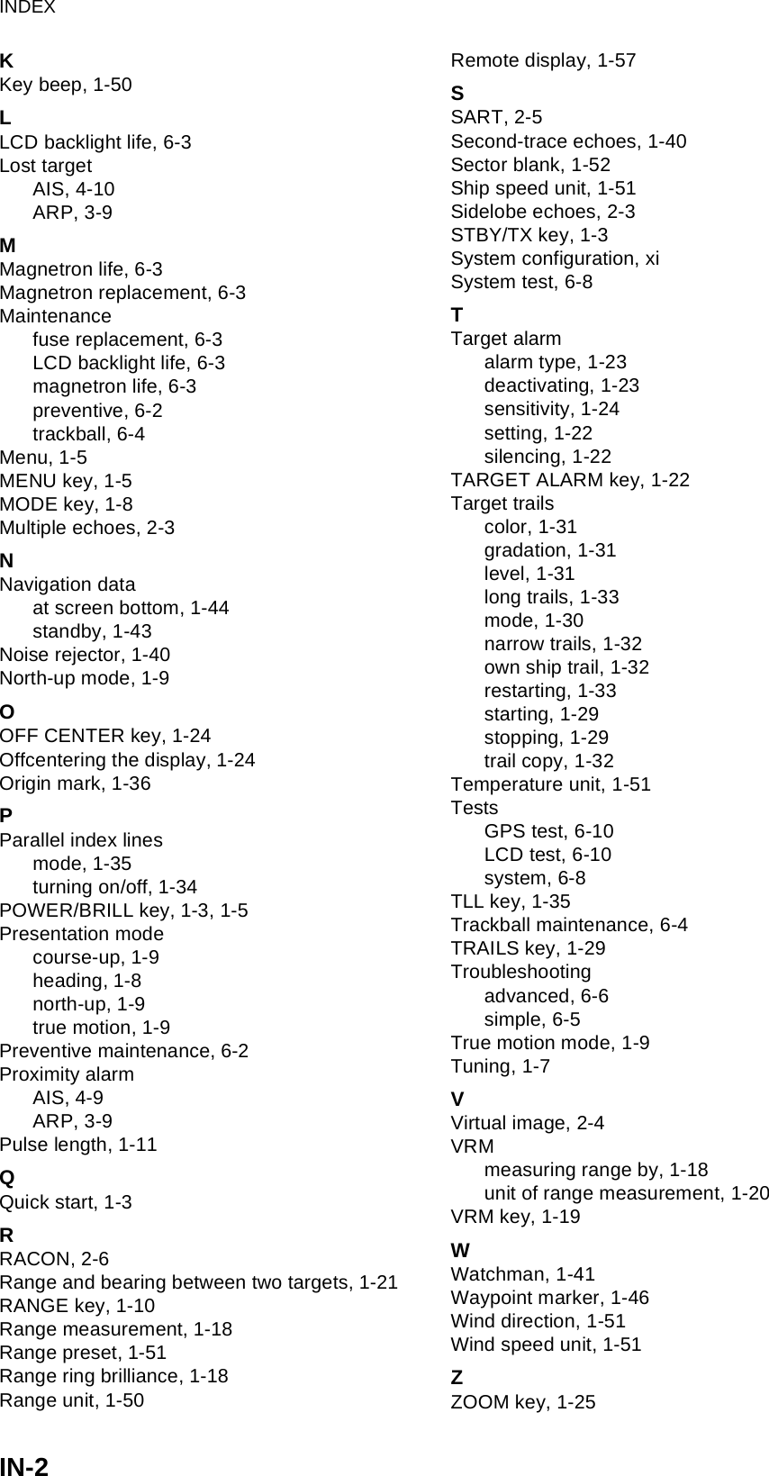 INDEXIN-2KKey beep, 1-50LLCD backlight life, 6-3Lost targetAIS, 4-10ARP, 3-9MMagnetron life, 6-3Magnetron replacement, 6-3Maintenancefuse replacement, 6-3LCD backlight life, 6-3magnetron life, 6-3preventive, 6-2trackball, 6-4Menu, 1-5MENU key, 1-5MODE key, 1-8Multiple echoes, 2-3NNavigation dataat screen bottom, 1-44standby, 1-43Noise rejector, 1-40North-up mode, 1-9OOFF CENTER key, 1-24Offcentering the display, 1-24Origin mark, 1-36PParallel index linesmode, 1-35turning on/off, 1-34POWER/BRILL key, 1-3, 1-5Presentation modecourse-up, 1-9heading, 1-8north-up, 1-9true motion, 1-9Preventive maintenance, 6-2Proximity alarmAIS, 4-9ARP, 3-9Pulse length, 1-11QQuick start, 1-3RRACON, 2-6Range and bearing between two targets, 1-21RANGE key, 1-10Range measurement, 1-18Range preset, 1-51Range ring brilliance, 1-18Range unit, 1-50Remote display, 1-57SSART, 2-5Second-trace echoes, 1-40Sector blank, 1-52Ship speed unit, 1-51Sidelobe echoes, 2-3STBY/TX key, 1-3System configuration, xiSystem test, 6-8TTarget alarmalarm type, 1-23deactivating, 1-23sensitivity, 1-24setting, 1-22silencing, 1-22TARGET ALARM key, 1-22Target trailscolor, 1-31gradation, 1-31level, 1-31long trails, 1-33mode, 1-30narrow trails, 1-32own ship trail, 1-32restarting, 1-33starting, 1-29stopping, 1-29trail copy, 1-32Temperature unit, 1-51TestsGPS test, 6-10LCD test, 6-10system, 6-8TLL key, 1-35Trackball maintenance, 6-4TRAILS key, 1-29Troubleshootingadvanced, 6-6simple, 6-5True motion mode, 1-9Tuning, 1-7VVirtual image, 2-4VRMmeasuring range by, 1-18unit of range measurement, 1-20VRM key, 1-19WWatchman, 1-41Waypoint marker, 1-46Wind direction, 1-51Wind speed unit, 1-51ZZOOM key, 1-25