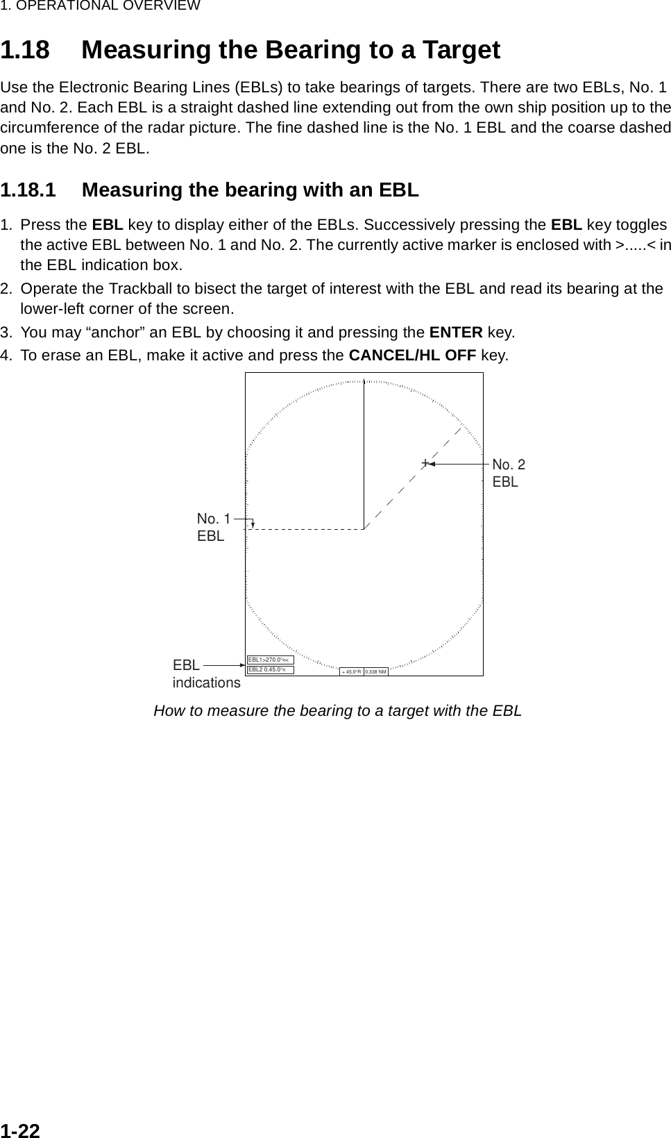 1. OPERATIONAL OVERVIEW1-221.18 Measuring the Bearing to a TargetUse the Electronic Bearing Lines (EBLs) to take bearings of targets. There are two EBLs, No. 1 and No. 2. Each EBL is a straight dashed line extending out from the own ship position up to the circumference of the radar picture. The fine dashed line is the No. 1 EBL and the coarse dashed one is the No. 2 EBL.1.18.1 Measuring the bearing with an EBL1. Press the EBL key to display either of the EBLs. Successively pressing the EBL key toggles the active EBL between No. 1 and No. 2. The currently active marker is enclosed with &gt;.....&lt; in the EBL indication box.2. Operate the Trackball to bisect the target of interest with the EBL and read its bearing at the lower-left corner of the screen. 3. You may “anchor” an EBL by choosing it and pressing the ENTER key.4. To erase an EBL, make it active and press the CANCEL/HL OFF key.How to measure the bearing to a target with the EBLNo. 1EBLEBLindicationsEBL1&gt;270.0°R&lt;No. 2EBLEBL2 0.45.0°R+ 45.0°R   0.338 NM+