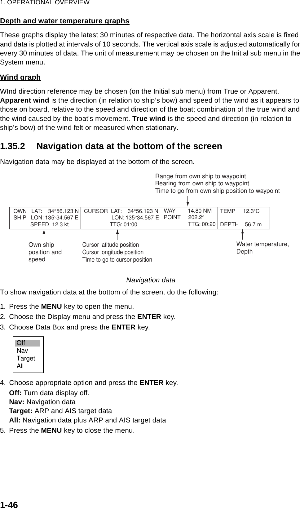1. OPERATIONAL OVERVIEW1-46Depth and water temperature graphsThese graphs display the latest 30 minutes of respective data. The horizontal axis scale is fixed and data is plotted at intervals of 10 seconds. The vertical axis scale is adjusted automatically for every 30 minutes of data. The unit of measurement may be chosen on the Initial sub menu in the System menu.Wind graphWInd direction reference may be chosen (on the Initial sub menu) from True or Apparent. Apparent wind is the direction (in relation to ship’s bow) and speed of the wind as it appears to those on board, relative to the speed and direction of the boat; combination of the true wind and the wind caused by the boat&apos;s movement. True wind is the speed and direction (in relation to ship’s bow) of the wind felt or measured when stationary. 1.35.2 Navigation data at the bottom of the screenNavigation data may be displayed at the bottom of the screen.Navigation dataTo show navigation data at the bottom of the screen, do the following:1. Press the MENU key to open the menu.2. Choose the Display menu and press the ENTER key.3. Choose Data Box and press the ENTER key.4. Choose appropriate option and press the ENTER key. Off: Turn data display off.Nav: Navigation dataTarget: ARP and AIS target dataAll: Navigation data plus ARP and AIS target data5. Press the MENU key to close the menu.OWN   LAT:    34°56.123 NSHIP   LON: 135°34.567 E           SPEED  12.3 ktCURSOR  LAT:    34°56.123 N        LON: 135°34.567 E                 TTG: 01:00TEMP     12.3°CDEPTH    56.7 mWAY        14.80 NMPOINT     202.2°                TTG: 00:20Own ship position and speedCursor latitude positionCursor longitude positionTime to go to cursor positionRange from own ship to waypointBearing from own ship to waypointTime to go from own ship position to waypointWater temperature,DepthOffNavTargetAll