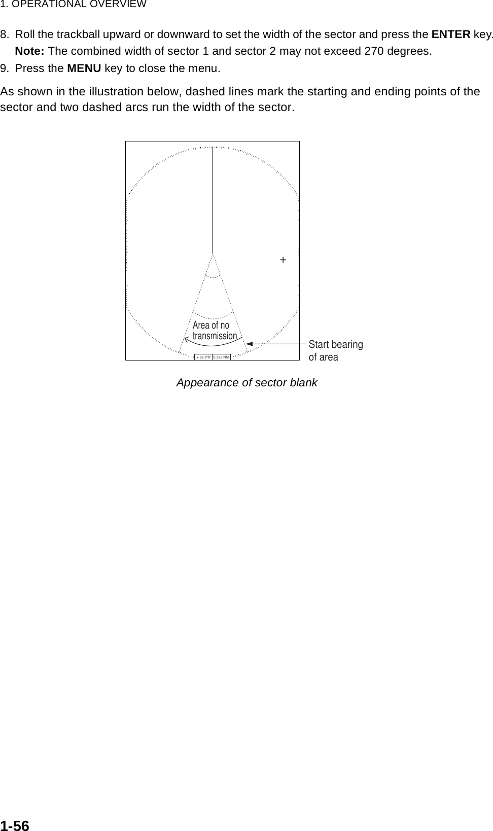 1. OPERATIONAL OVERVIEW1-568. Roll the trackball upward or downward to set the width of the sector and press the ENTER key.Note: The combined width of sector 1 and sector 2 may not exceed 270 degrees.9. Press the MENU key to close the menu.As shown in the illustration below, dashed lines mark the starting and ending points of the sector and two dashed arcs run the width of the sector. Appearance of sector blank++ 96.8°R   0.338 NMArea of notransmissionStart bearingof area