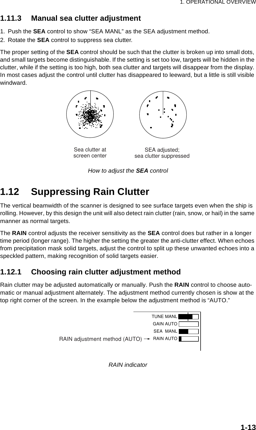 1. OPERATIONAL OVERVIEW1-131.11.3 Manual sea clutter adjustment1. Push the SEA control to show “SEA MANL” as the SEA adjustment method.2. Rotate the SEA control to suppress sea clutter. The proper setting of the SEA control should be such that the clutter is broken up into small dots, and small targets become distinguishable. If the setting is set too low, targets will be hidden in the clutter, while if the setting is too high, both sea clutter and targets will disappear from the display. In most cases adjust the control until clutter has disappeared to leeward, but a little is still visible windward.How to adjust the SEA control1.12 Suppressing Rain ClutterThe vertical beamwidth of the scanner is designed to see surface targets even when the ship is rolling. However, by this design the unit will also detect rain clutter (rain, snow, or hail) in the same manner as normal targets. The RAIN control adjusts the receiver sensitivity as the SEA control does but rather in a longer time period (longer range). The higher the setting the greater the anti-clutter effect. When echoes from precipitation mask solid targets, adjust the control to split up these unwanted echoes into a speckled pattern, making recognition of solid targets easier.1.12.1 Choosing rain clutter adjustment methodRain clutter may be adjusted automatically or manually. Push the RAIN control to choose auto-matic or manual adjustment alternately. The adjustment method currently chosen is show at the top right corner of the screen. In the example below the adjustment method is “AUTO.”RAIN indicatorSEA adjusted;sea clutter suppressedSea clutter atscreen centerTUNE MANLGAIN AUTO SEA  MANLRAIN AUTORAIN adjustment method (AUTO)