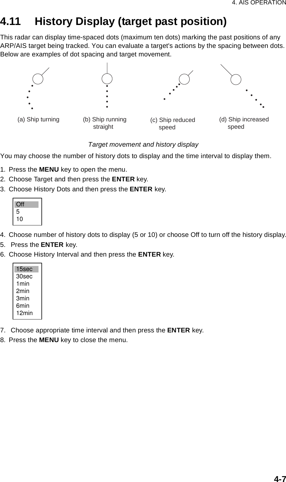 4. AIS OPERATION4-74.11 History Display (target past position)This radar can display time-spaced dots (maximum ten dots) marking the past positions of any ARP/AIS target being tracked. You can evaluate a target&apos;s actions by the spacing between dots. Below are examples of dot spacing and target movement.Target movement and history displayYou may choose the number of history dots to display and the time interval to display them.1. Press the MENU key to open the menu.2. Choose Target and then press the ENTER key.3. Choose History Dots and then press the ENTER key.4. Choose number of history dots to display (5 or 10) or choose Off to turn off the history display.5.  Press the ENTER key.6. Choose History Interval and then press the ENTER key.7.  Choose appropriate time interval and then press the ENTER key.8. Press the MENU key to close the menu.(a) Ship turning (b) Ship running       straight (c) Ship reduced     speed(d) Ship increased     speedOff51015sec30sec1min2min3min6min12min