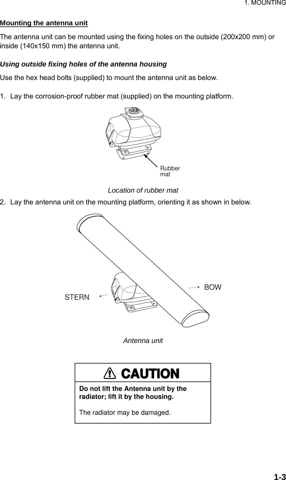 1. MOUNTING  1-3Mounting the antenna unit The antenna unit can be mounted using the fixing holes on the outside (200x200 mm) or inside (140x150 mm) the antenna unit.  Using outside fixing holes of the antenna housing Use the hex head bolts (supplied) to mount the antenna unit as below.  1.  Lay the corrosion-proof rubber mat (supplied) on the mounting platform. Rubbermat Location of rubber mat 2.  Lay the antenna unit on the mounting platform, orienting it as shown in below. STERNBOW Antenna unit  CAUTIONDo not lift the Antenna unit by the radiator; lift it by the housing.The radiator may be damaged.  