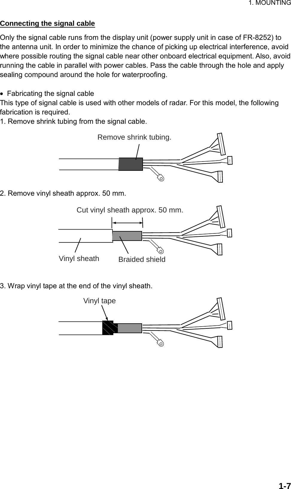 1. MOUNTING  1-7Connecting the signal cable Only the signal cable runs from the display unit (power supply unit in case of FR-8252) to the antenna unit. In order to minimize the chance of picking up electrical interference, avoid where possible routing the signal cable near other onboard electrical equipment. Also, avoid running the cable in parallel with power cables. Pass the cable through the hole and apply sealing compound around the hole for waterproofing.  •  Fabricating the signal cable This type of signal cable is used with other models of radar. For this model, the following fabrication is required. 1. Remove shrink tubing from the signal cable. Remove shrink tubing. 2. Remove vinyl sheath approx. 50 mm. Cut vinyl sheath approx. 50 mm.Braided shieldVinyl sheath  3. Wrap vinyl tape at the end of the vinyl sheath. Vinyl tape 