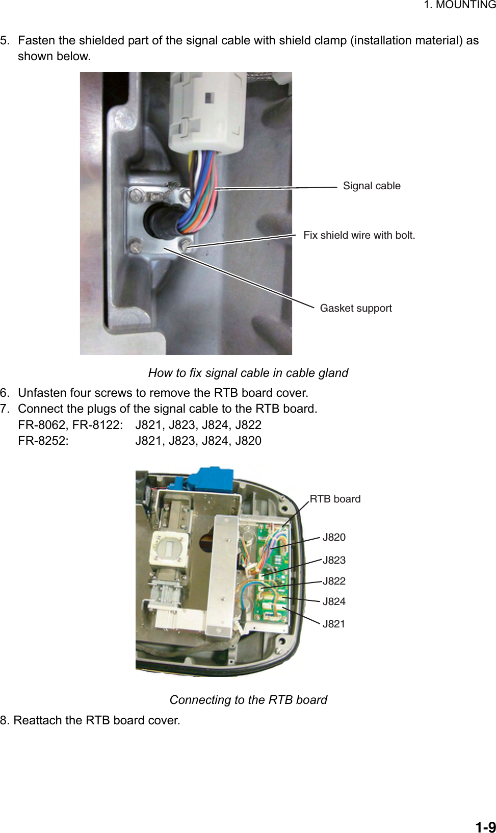 1. MOUNTING  1-95.  Fasten the shielded part of the signal cable with shield clamp (installation material) as shown below.   Signal cableFix shield wire with bolt.Gasket support How to fix signal cable in cable gland 6.  Unfasten four screws to remove the RTB board cover. 7.  Connect the plugs of the signal cable to the RTB board.   FR-8062, FR-8122:    J821, J823, J824, J822   FR-8252:    J821, J823, J824, J820 RTB boardJ820J823J822J824J821 Connecting to the RTB board 8. Reattach the RTB board cover. 