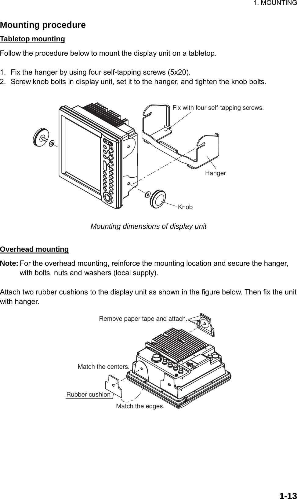 1. MOUNTING  1-13Mounting procedure Tabletop mounting Follow the procedure below to mount the display unit on a tabletop.  1.  Fix the hanger by using four self-tapping screws (5x20). 2.  Screw knob bolts in display unit, set it to the hanger, and tighten the knob bolts.  KnobHangerFix with four self-tapping screws. Mounting dimensions of display unit  Overhead mounting Note: For the overhead mounting, reinforce the mounting location and secure the hanger, with bolts, nuts and washers (local supply).  Attach two rubber cushions to the display unit as shown in the figure below. Then fix the unit with hanger. Remove paper tape and attach.Match the centers.Rubber cushionMatch the edges. 