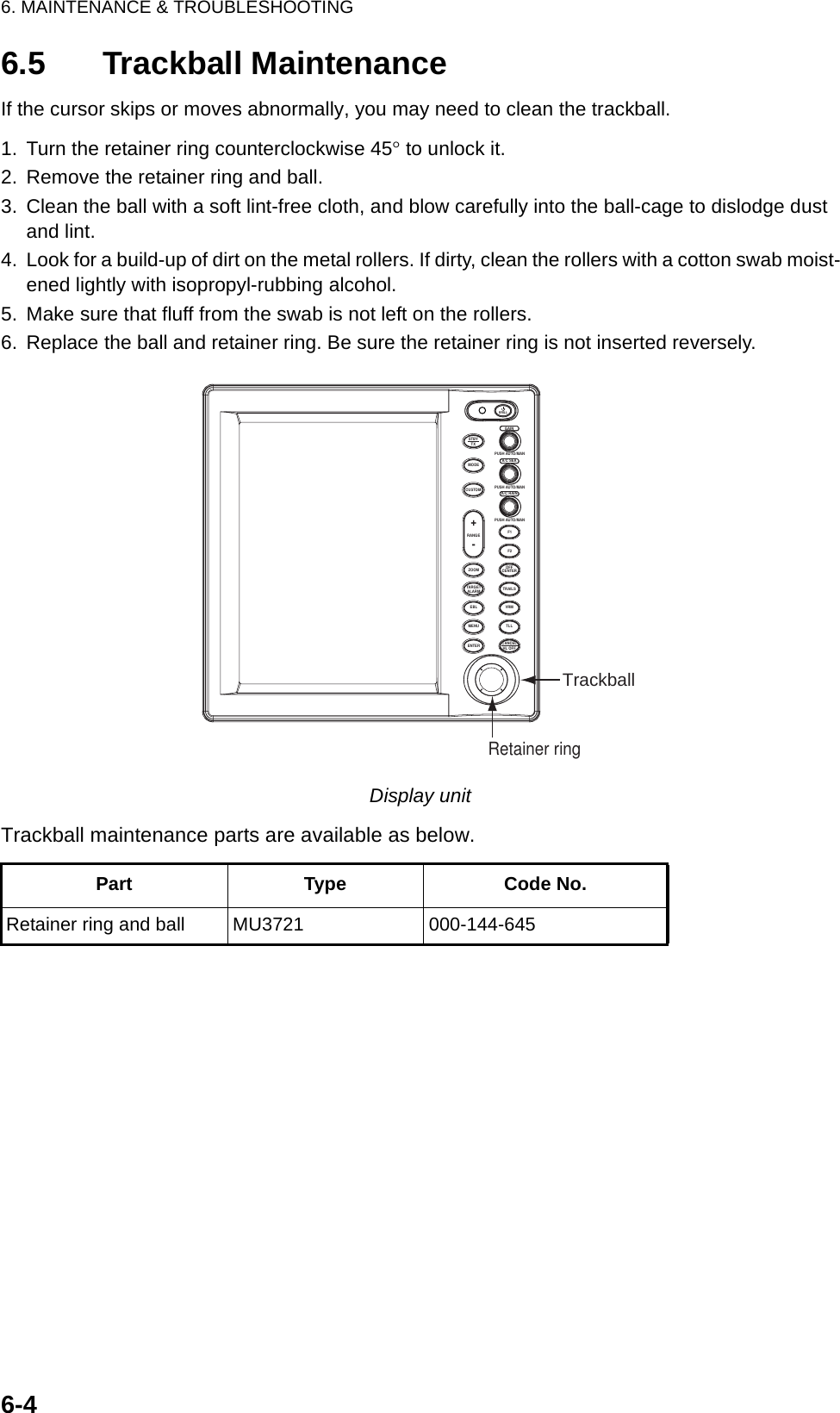 6. MAINTENANCE &amp; TROUBLESHOOTING6-46.5 Trackball MaintenanceIf the cursor skips or moves abnormally, you may need to clean the trackball.1. Turn the retainer ring counterclockwise 45° to unlock it.2. Remove the retainer ring and ball.3. Clean the ball with a soft lint-free cloth, and blow carefully into the ball-cage to dislodge dust and lint.4. Look for a build-up of dirt on the metal rollers. If dirty, clean the rollers with a cotton swab moist-ened lightly with isopropyl-rubbing alcohol.5. Make sure that fluff from the swab is not left on the rollers.6. Replace the ball and retainer ring. Be sure the retainer ring is not inserted reversely.Display unitTrackball maintenance parts are available as below.Part Type Code No.Retainer ring and ball MU3721 000-144-645TrackballENTERTARGETALARMCANCELHL OFFTLLMENUEBLZOOM OFFCENTERTRAILSVRMF1F2PUSH AUTO/MANPUSH AUTO/MANPUSH AUTO/MANSTBYTXMODECUSTOM+RANGE-BRILLGAINA/C SEAA/C RAINRetainer ring