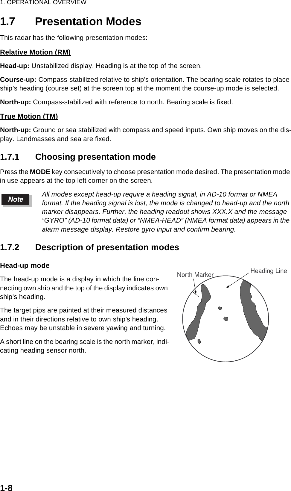 1. OPERATIONAL OVERVIEW1-81.7 Presentation ModesThis radar has the following presentation modes:Relative Motion (RM)Head-up: Unstabilized display. Heading is at the top of the screen.Course-up: Compass-stabilized relative to ship&apos;s orientation. The bearing scale rotates to place ship’s heading (course set) at the screen top at the moment the course-up mode is selected. North-up: Compass-stabilized with reference to north. Bearing scale is fixed.True Motion (TM)North-up: Ground or sea stabilized with compass and speed inputs. Own ship moves on the dis-play. Landmasses and sea are fixed.1.7.1 Choosing presentation modePress the MODE key consecutively to choose presentation mode desired. The presentation mode in use appears at the top left corner on the screen. All modes except head-up require a heading signal, in AD-10 format or NMEA format. If the heading signal is lost, the mode is changed to head-up and the north marker disappears. Further, the heading readout shows XXX.X and the message “GYRO” (AD-10 format data) or “NMEA-HEAD” (NMEA format data) appears in the alarm message display. Restore gyro input and confirm bearing.1.7.2 Description of presentation modesHead-up modeThe head-up mode is a display in which the line con-necting own ship and the top of the display indicates own ship&apos;s heading.The target pips are painted at their measured distances and in their directions relative to own ship&apos;s heading. Echoes may be unstable in severe yawing and turning.A short line on the bearing scale is the north marker, indi-cating heading sensor north.NoteHeading LineNorth Marker