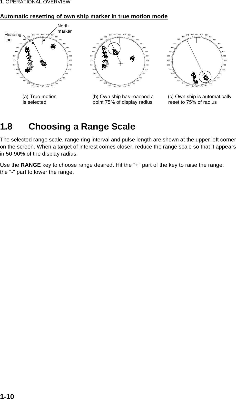 1. OPERATIONAL OVERVIEW1-10Automatic resetting of own ship marker in true motion mode1.8 Choosing a Range ScaleThe selected range scale, range ring interval and pulse length are shown at the upper left corner on the screen. When a target of interest comes closer, reduce the range scale so that it appears in 50-90% of the display radius.Use the RANGE key to choose range desired. Hit the &quot;+&quot; part of the key to raise the range;the &quot;-&quot; part to lower the range.HeadinglineNorthmarker(a) True motionis selected (b) Own ship has reached apoint 75% of display radius (c) Own ship is automaticallyreset to 75% of radius