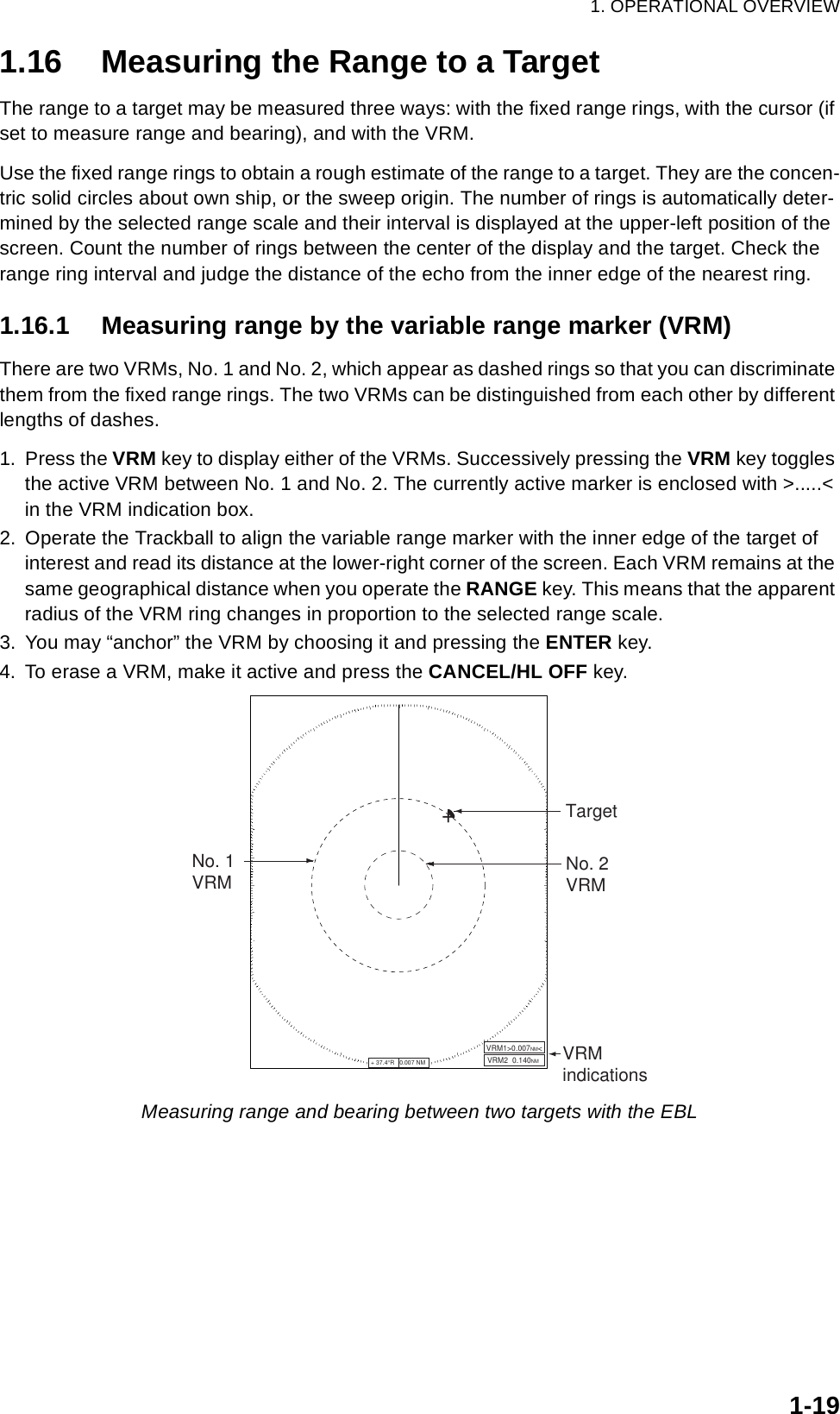 1. OPERATIONAL OVERVIEW1-191.16 Measuring the Range to a TargetThe range to a target may be measured three ways: with the fixed range rings, with the cursor (if set to measure range and bearing), and with the VRM. Use the fixed range rings to obtain a rough estimate of the range to a target. They are the concen-tric solid circles about own ship, or the sweep origin. The number of rings is automatically deter-mined by the selected range scale and their interval is displayed at the upper-left position of the screen. Count the number of rings between the center of the display and the target. Check the range ring interval and judge the distance of the echo from the inner edge of the nearest ring. 1.16.1 Measuring range by the variable range marker (VRM)There are two VRMs, No. 1 and No. 2, which appear as dashed rings so that you can discriminate them from the fixed range rings. The two VRMs can be distinguished from each other by different lengths of dashes.1. Press the VRM key to display either of the VRMs. Successively pressing the VRM key toggles the active VRM between No. 1 and No. 2. The currently active marker is enclosed with &gt;.....&lt; in the VRM indication box.2. Operate the Trackball to align the variable range marker with the inner edge of the target of interest and read its distance at the lower-right corner of the screen. Each VRM remains at the same geographical distance when you operate the RANGE key. This means that the apparent radius of the VRM ring changes in proportion to the selected range scale.3. You may “anchor” the VRM by choosing it and pressing the ENTER key. 4. To erase a VRM, make it active and press the CANCEL/HL OFF key.Measuring range and bearing between two targets with the EBLNo. 1VRM+ 37.4°R   0.007 NM          VRM2  0.140NMVRMindicationsVRM1&gt;0.007NM&lt;No. 2VRMTarget+