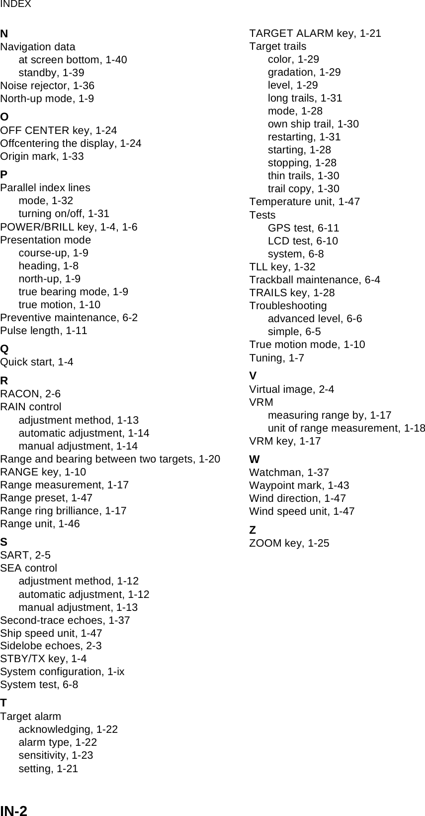 INDEXIN-2NNavigation dataat screen bottom, 1-40standby, 1-39Noise rejector, 1-36North-up mode, 1-9OOFF CENTER key, 1-24Offcentering the display, 1-24Origin mark, 1-33PParallel index linesmode, 1-32turning on/off, 1-31POWER/BRILL key, 1-4, 1-6Presentation modecourse-up, 1-9heading, 1-8north-up, 1-9true bearing mode, 1-9true motion, 1-10Preventive maintenance, 6-2Pulse length, 1-11QQuick start, 1-4RRACON, 2-6RAIN controladjustment method, 1-13automatic adjustment, 1-14manual adjustment, 1-14Range and bearing between two targets, 1-20RANGE key, 1-10Range measurement, 1-17Range preset, 1-47Range ring brilliance, 1-17Range unit, 1-46SSART, 2-5SEA controladjustment method, 1-12automatic adjustment, 1-12manual adjustment, 1-13Second-trace echoes, 1-37Ship speed unit, 1-47Sidelobe echoes, 2-3STBY/TX key, 1-4System configuration, 1-ixSystem test, 6-8TTarget alarmacknowledging, 1-22alarm type, 1-22sensitivity, 1-23setting, 1-21TARGET ALARM key, 1-21Target trailscolor, 1-29gradation, 1-29level, 1-29long trails, 1-31mode, 1-28own ship trail, 1-30restarting, 1-31starting, 1-28stopping, 1-28thin trails, 1-30trail copy, 1-30Temperature unit, 1-47TestsGPS test, 6-11LCD test, 6-10system, 6-8TLL key, 1-32Trackball maintenance, 6-4TRAILS key, 1-28Troubleshootingadvanced level, 6-6simple, 6-5True motion mode, 1-10Tuning, 1-7VVirtual image, 2-4VRMmeasuring range by, 1-17unit of range measurement, 1-18VRM key, 1-17WWatchman, 1-37Waypoint mark, 1-43Wind direction, 1-47Wind speed unit, 1-47ZZOOM key, 1-25