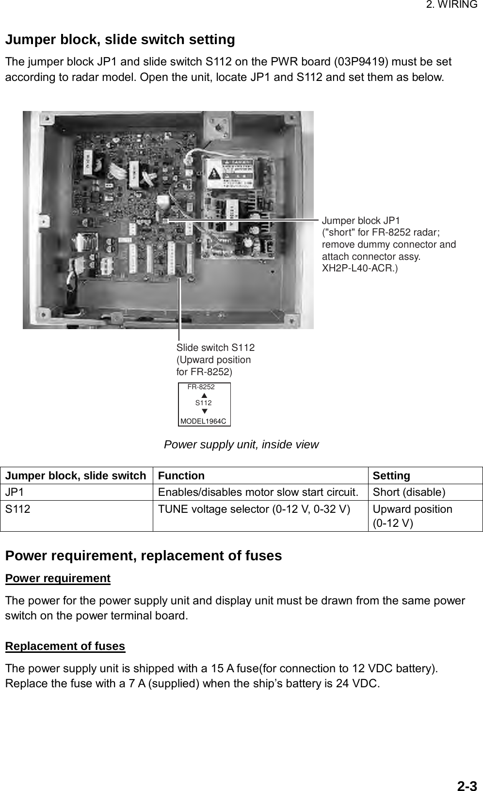 2. WIRING  2-3Jumper block, slide switch setting The jumper block JP1 and slide switch S112 on the PWR board (03P9419) must be set according to radar model. Open the unit, locate JP1 and S112 and set them as below.      FR-8252           S        S112           TMODEL1964CJumper block JP1(&quot;short&quot; for FR-8252 radar;remove dummy connector and attach connector assy. XH2P-L40-ACR.)Slide switch S112(Upward positionfor FR-8252) Power supply unit, inside view  Jumper block, slide switch  Function  Setting JP1  Enables/disables motor slow start circuit.  Short (disable) S112  TUNE voltage selector (0-12 V, 0-32 V)  Upward position (0-12 V)  Power requirement, replacement of fuses Power requirement The power for the power supply unit and display unit must be drawn from the same power switch on the power terminal board.  Replacement of fuses The power supply unit is shipped with a 15 A fuse(for connection to 12 VDC battery). Replace the fuse with a 7 A (supplied) when the ship’s battery is 24 VDC. 