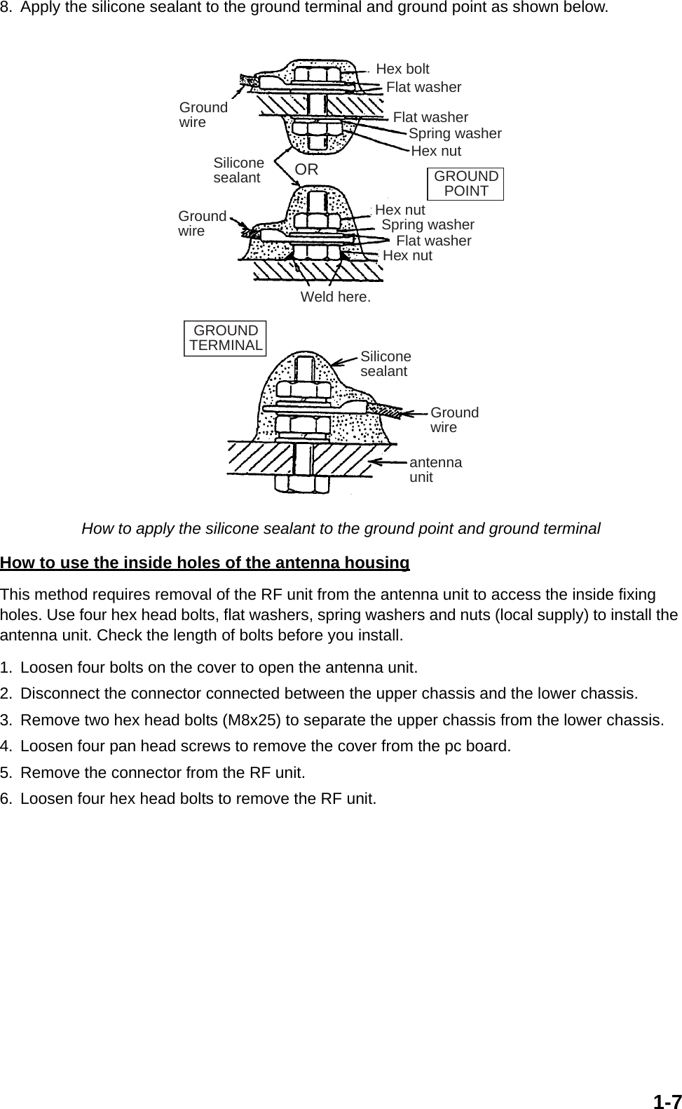 1-78. Apply the silicone sealant to the ground terminal and ground point as shown below. How to apply the silicone sealant to the ground point and ground terminal How to use the inside holes of the antenna housingThis method requires removal of the RF unit from the antenna unit to access the inside fixing holes. Use four hex head bolts, flat washers, spring washers and nuts (local supply) to install the antenna unit. Check the length of bolts before you install.1. Loosen four bolts on the cover to open the antenna unit. 2. Disconnect the connector connected between the upper chassis and the lower chassis.3. Remove two hex head bolts (M8x25) to separate the upper chassis from the lower chassis.4. Loosen four pan head screws to remove the cover from the pc board.5. Remove the connector from the RF unit.6. Loosen four hex head bolts to remove the RF unit.GroundwireHex boltFlat washerSpring washerFlat washerHex nutSiliconesealantHex nutWeld here.SiliconesealantGroundwireantennaunitORFlat washerSpring washerGroundwireGROUNDTERMINALGROUNDPOINTHex nut