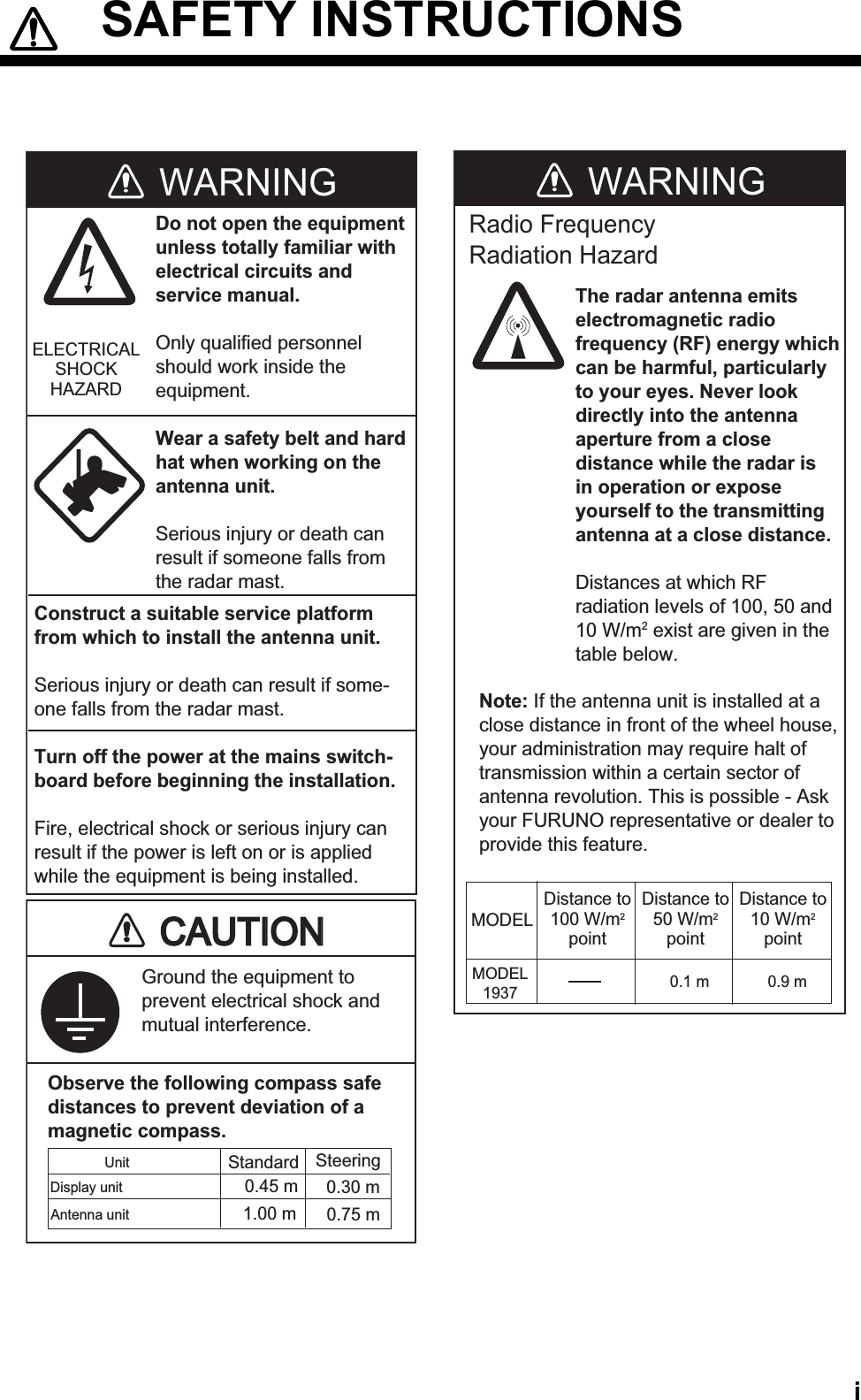 i  SAFETY INSTRUCTIONS WARNINGRadio FrequencyRadiation HazardDo not open the equipmentunless totally familiar withelectrical circuits andservice manual.Only qualified personnelshould work inside theequipment.Wear a safety belt and hardhat when working on theantenna unit.Serious injury or death canresult if someone falls fromthe radar mast.WARNINGConstruct a suitable service platformfrom which to install the antenna unit.Serious injury or death can result if some-one falls from the radar mast.Turn off the power at the mains switch-board before beginning the installation.Fire, electrical shock or serious injury canresult if the power is left on or is appliedwhile the equipment is being installed.ELECTRICALSHOCKHAZARDObserve the following compass safedistances to prevent deviation of a magnetic compass.Standard SteeringDisplay unit0.45 m 0.30 mCAUTIONCAUTIONGround the equipment toprevent electrical shock andmutual interference.MODELDistance to100 W/m2pointDistance to10 W/m2pointAntenna unit Unit0.75 m1.00 m0.9 mNote: If the antenna unit is installed at aclose distance in front of the wheel house,your administration may require halt oftransmission within a certain sector ofantenna revolution. This is possible - Askyour FURUNO representative or dealer toprovide this feature.The radar antenna emits electromagnetic radio frequency (RF) energy which can be harmful, particularly to your eyes. Never look directly into the antenna aperture from a closedistance while the radar is in operation or expose yourself to the transmitting antenna at a close distance.Distances at which RF radiation levels of 100, 50 and 10 W/m2 exist are given in the table below.MODEL1937Distance to50 W/m2point0.1 m