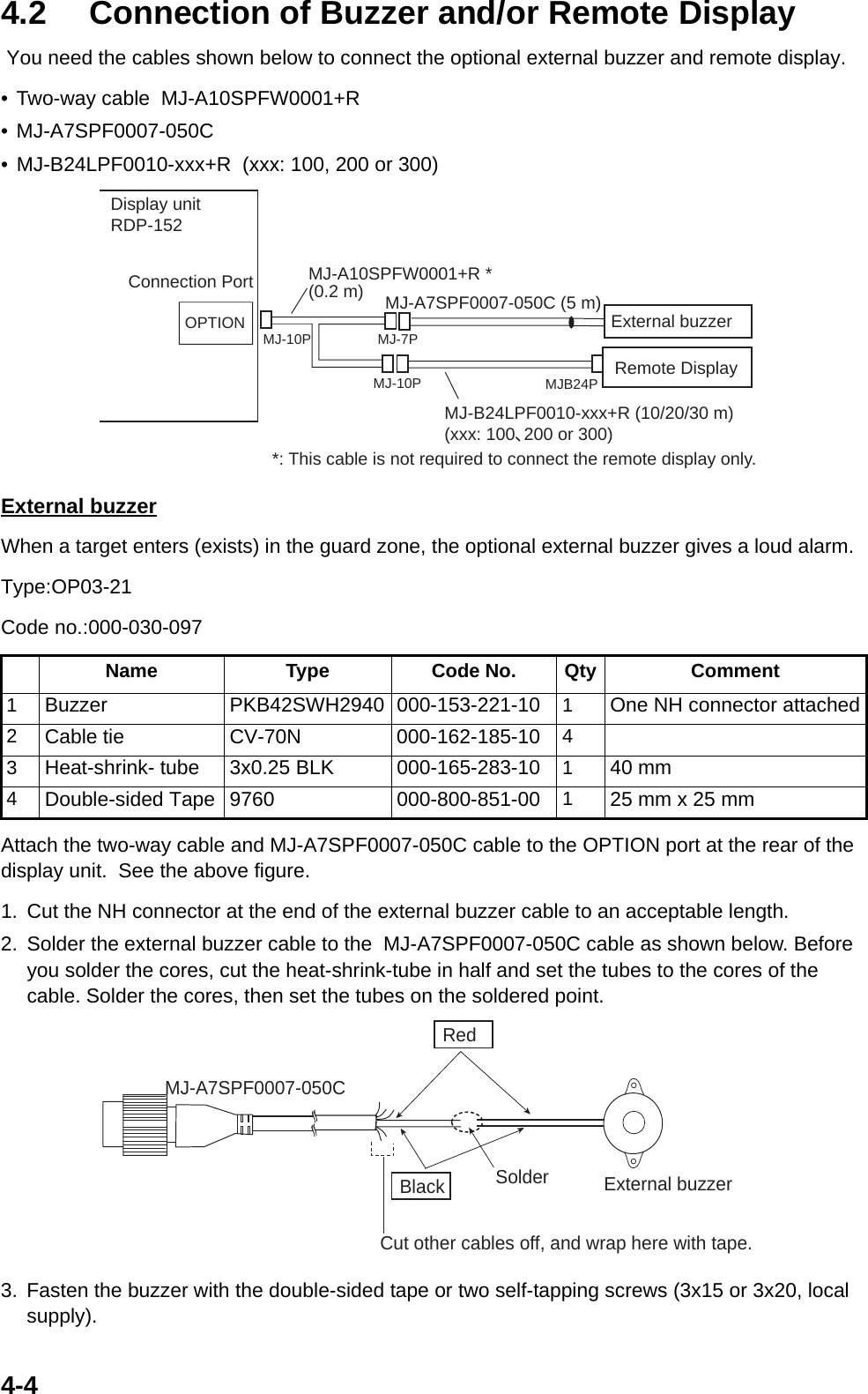 4-44.2 Connection of Buzzer and/or Remote Display  You need the cables shown below to connect the optional external buzzer and remote display.• Two-way cable  MJ-A10SPFW0001+R  • MJ-A7SPF0007-050C • MJ-B24LPF0010-xxx+R  (xxx: 100, 200 or 300) External buzzerWhen a target enters (exists) in the guard zone, the optional external buzzer gives a loud alarm. Type:OP03-21Code no.:000-030-097Attach the two-way cable and MJ-A7SPF0007-050C cable to the OPTION port at the rear of the display unit.  See the above figure.1. Cut the NH connector at the end of the external buzzer cable to an acceptable length.2. Solder the external buzzer cable to the  MJ-A7SPF0007-050C cable as shown below. Before you solder the cores, cut the heat-shrink-tube in half and set the tubes to the cores of the cable. Solder the cores, then set the tubes on the soldered point. 3. Fasten the buzzer with the double-sided tape or two self-tapping screws (3x15 or 3x20, local supply).Name Type Code No. Qty Comment1Buzzer PKB42SWH2940 000-153-221-10 1One NH connector attached2Cable tie CV-70N 000-162-185-10 43Heat-shrink- tube 3x0.25 BLK 000-165-283-10 140 mm4Double-sided Tape 9760 000-800-851-00 125 mm x 25 mmOPTION Remote DisplayExternal buzzerMJ-A7SPF0007-050C (5 m)MJ-10PMJ-10P MJ-7PMJB24PDisplay unitRDP-152Connection Port MJ-A10SPFW0001+R *(0.2 m)MJ-B24LPF0010-xxx+R (10/20/30 m)(xxx: 100、200 or 300)*: This cable is not required to connect the remote display only.RedBlack External buzzerMJ-A7SPF0007-050CSolderCut other cables off, and wrap here with tape.