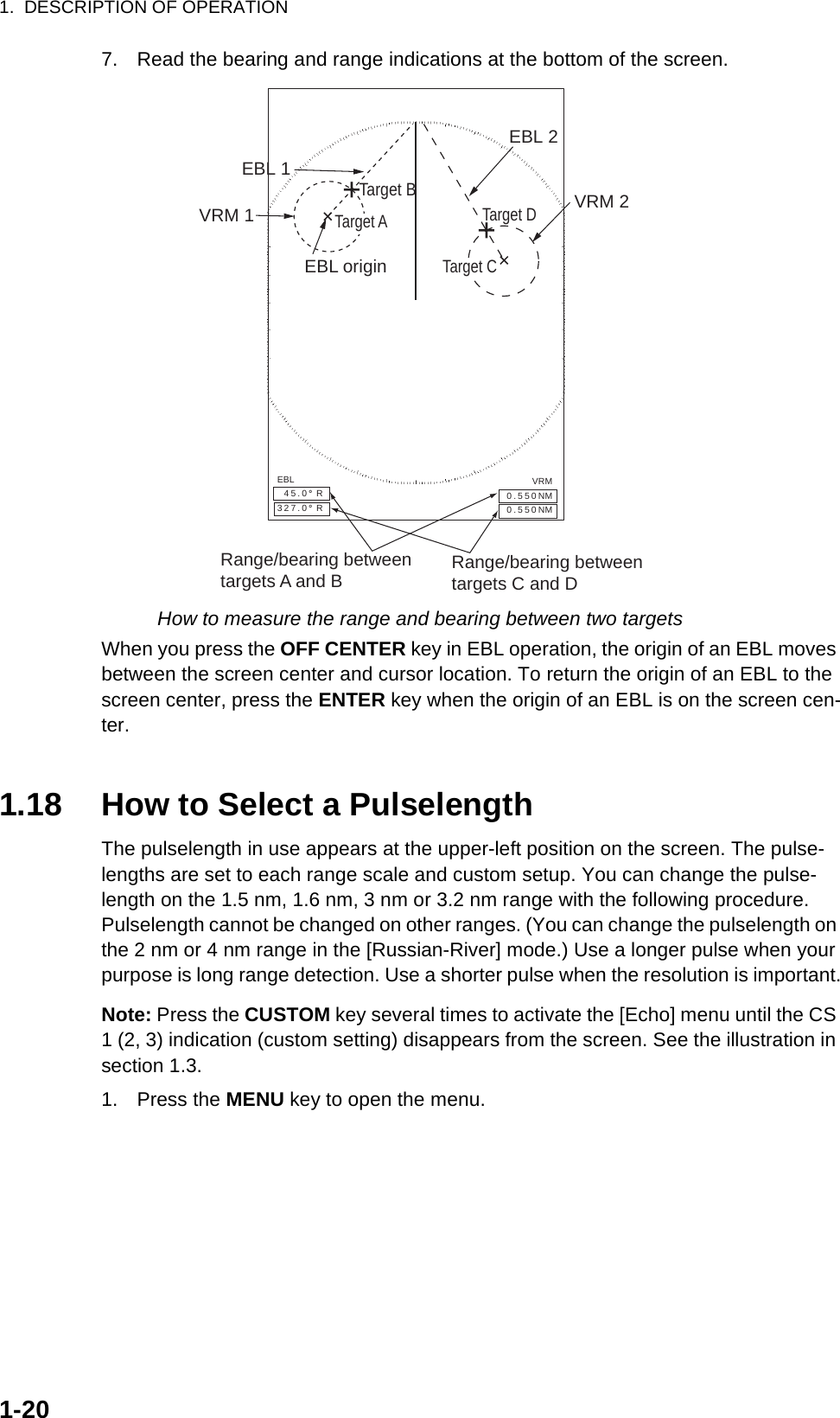 1.  DESCRIPTION OF OPERATION1-207. Read the bearing and range indications at the bottom of the screen.How to measure the range and bearing between two targetsWhen you press the OFF CENTER key in EBL operation, the origin of an EBL moves between the screen center and cursor location. To return the origin of an EBL to the screen center, press the ENTER key when the origin of an EBL is on the screen cen-ter.1.18 How to Select a PulselengthThe pulselength in use appears at the upper-left position on the screen. The pulse-lengths are set to each range scale and custom setup. You can change the pulse-length on the 1.5 nm, 1.6 nm, 3 nm or 3.2 nm range with the following procedure. Pulselength cannot be changed on other ranges. (You can change the pulselength on the 2 nm or 4 nm range in the [Russian-River] mode.) Use a longer pulse when your purpose is long range detection. Use a shorter pulse when the resolution is important.Note: Press the CUSTOM key several times to activate the [Echo] menu until the CS 1 (2, 3) indication (custom setting) disappears from the screen. See the illustration in section 1.3.1. Press the MENU key to open the menu.EBL origin++Target BRange/bearing betweentargets A and B Range/bearing betweentargets C and DEBL 2VRM 2EBL 1VRM 1EBL 45.0°  R327.0°  RVRM0.550NM0.550NMTarget A Target DTarget C