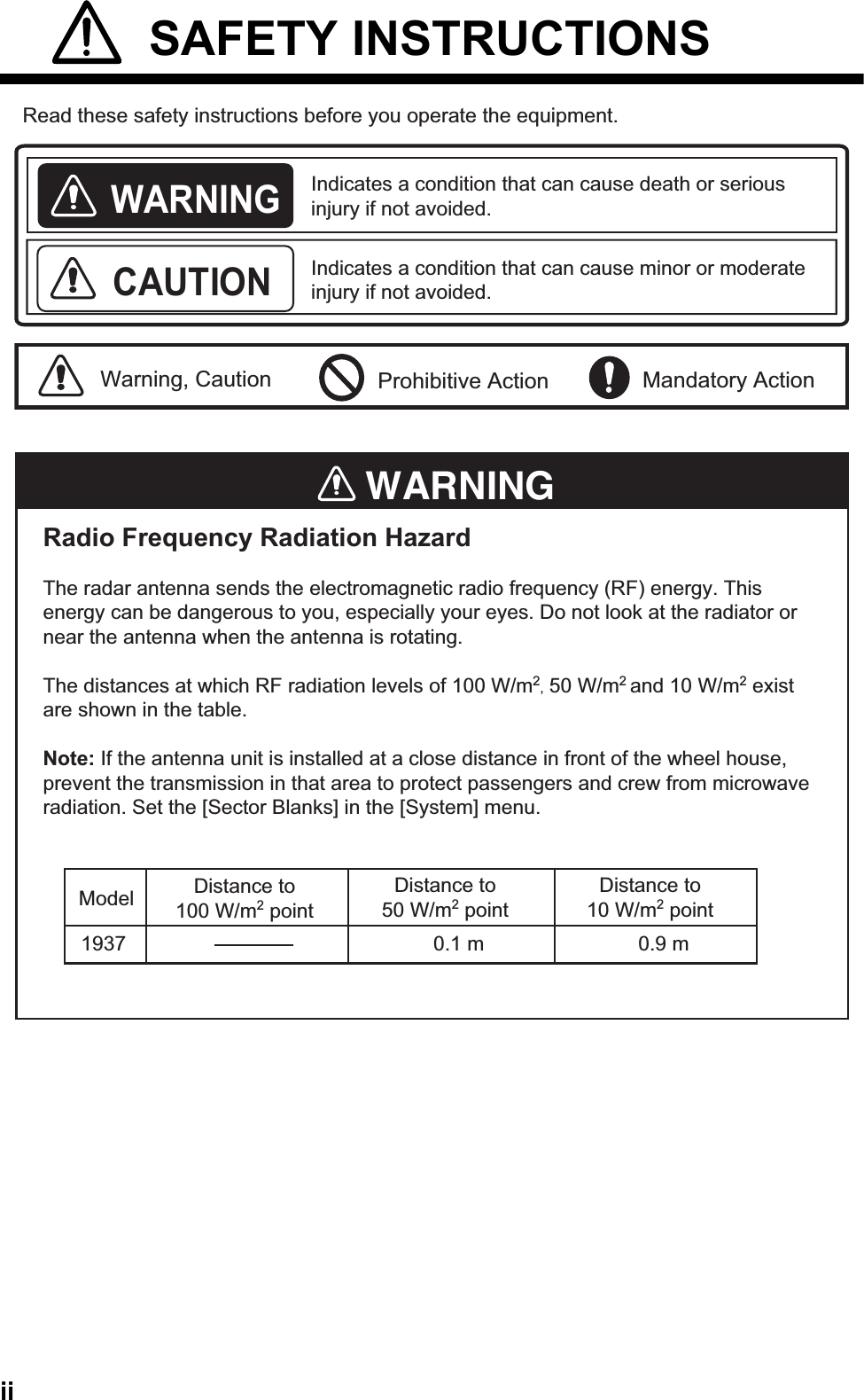 ii SAFETY INSTRUCTIONSWARNINGModel Distance to100 W/m2 pointWARNINGIndicates a condition that can cause death or serious injury if not avoided.CAUTIONIndicates a condition that can cause minor or moderate injury if not avoided. Warning, Caution Mandatory ActionProhibitive ActionRead these safety instructions before you operate the equipment. Distance to50 W/m2 point1937 0.1 mRadio Frequency Radiation HazardThe radar antenna sends the electromagnetic radio frequency (RF) energy. This energy can be dangerous to you, especially your eyes. Do not look at the radiator or near the antenna when the antenna is rotating.The distances at which RF radiation levels of 100 W/m2, 50 W/m2 and 10 W/m2 exist are shown in the table.Note: If the antenna unit is installed at a close distance in front of the wheel house,prevent the transmission in that area to protect passengers and crew from microwaveradiation. Set the [Sector Blanks] in the [System] menu.Distance to10 W/m2 point0.9 m