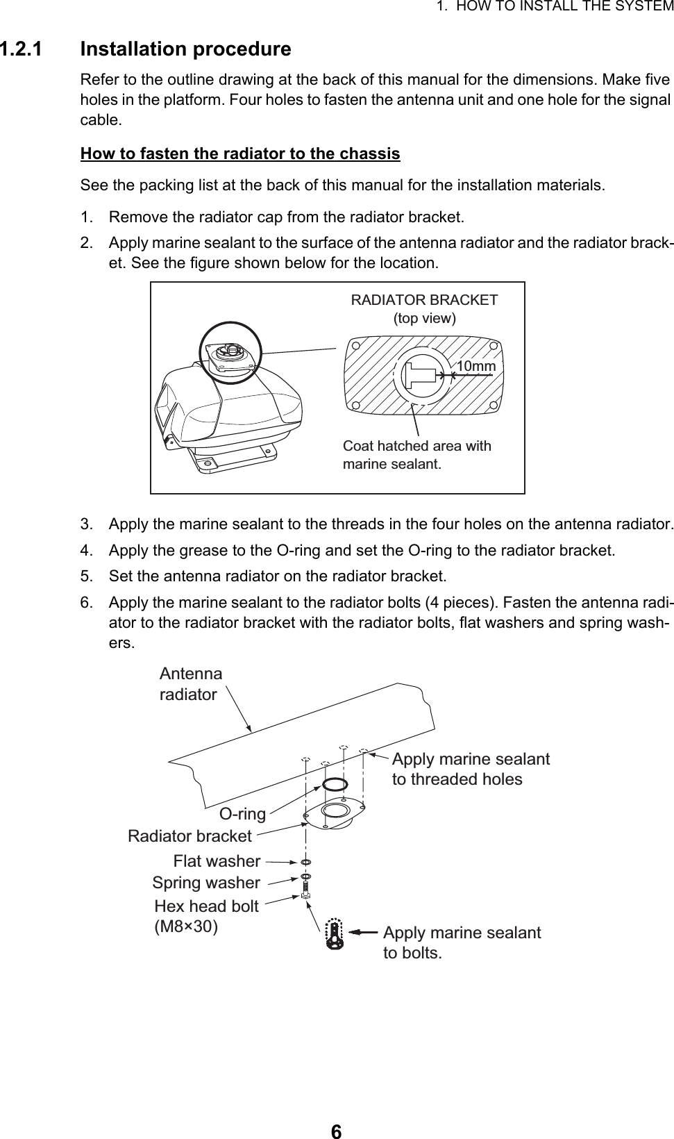 1.  HOW TO INSTALL THE SYSTEM61.2.1 Installation procedureRefer to the outline drawing at the back of this manual for the dimensions. Make five holes in the platform. Four holes to fasten the antenna unit and one hole for the signal cable.How to fasten the radiator to the chassisSee the packing list at the back of this manual for the installation materials.1. Remove the radiator cap from the radiator bracket.2. Apply marine sealant to the surface of the antenna radiator and the radiator brack-et. See the figure shown below for the location.3. Apply the marine sealant to the threads in the four holes on the antenna radiator.4. Apply the grease to the O-ring and set the O-ring to the radiator bracket.5. Set the antenna radiator on the radiator bracket.6. Apply the marine sealant to the radiator bolts (4 pieces). Fasten the antenna radi-ator to the radiator bracket with the radiator bolts, flat washers and spring wash-ers.RADIATOR BRACKET(top view)Coat hatched area withmarine sealant.10mmFlat washerSpring washerHex head bolt(M8×30)Radiator bracketApply marine sealant to bolts.AntennaradiatorO-ringApply marine sealantto threaded holes