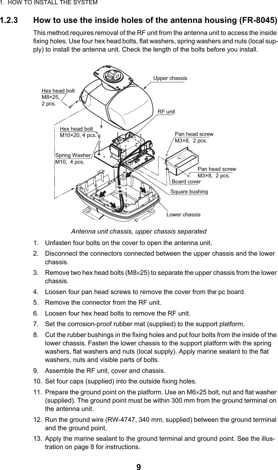 1.  HOW TO INSTALL THE SYSTEM91.2.3 How to use the inside holes of the antenna housing (FR-8045)This method requires removal of the RF unit from the antenna unit to access the inside fixing holes. Use four hex head bolts, flat washers, spring washers and nuts (local sup-ply) to install the antenna unit. Check the length of the bolts before you install.Antenna unit chassis, upper chassis separated1. Unfasten four bolts on the cover to open the antenna unit. 2. Disconnect the connectors connected between the upper chassis and the lower chassis.3. Remove two hex head bolts (M8×25) to separate the upper chassis from the lower chassis.4. Loosen four pan head screws to remove the cover from the pc board.5. Remove the connector from the RF unit.6. Loosen four hex head bolts to remove the RF unit.7. Set the corrosion-proof rubber mat (supplied) to the support platform.8. Cut the rubber bushings in the fixing holes and put four bolts from the inside of the lower chassis. Fasten the lower chassis to the support platform with the spring washers, flat washers and nuts (local supply). Apply marine sealant to the flat washers, nuts and visible parts of bolts.9. Assemble the RF unit, cover and chassis.10. Set four caps (supplied) into the outside fixing holes.11. Prepare the ground point on the platform. Use an M6×25 bolt, nut and flat washer (supplied). The ground point must be within 300 mm from the ground terminal on the antenna unit.12. Run the ground wire (RW-4747, 340 mm, supplied) between the ground terminal and the ground point.13. Apply the marine sealant to the ground terminal and ground point. See the illus-tration on page 8 for instructions.RF unitHex head boltM10×20, 4 pcs.Hex head boltM8×25, 2 pcs.Spring WasherM10,  4 pcs.Board coverPan head screwM3×8,  2 pcs.Upper chassisSquare bushingLower chassisPan head screwM3×8,  2 pcs.