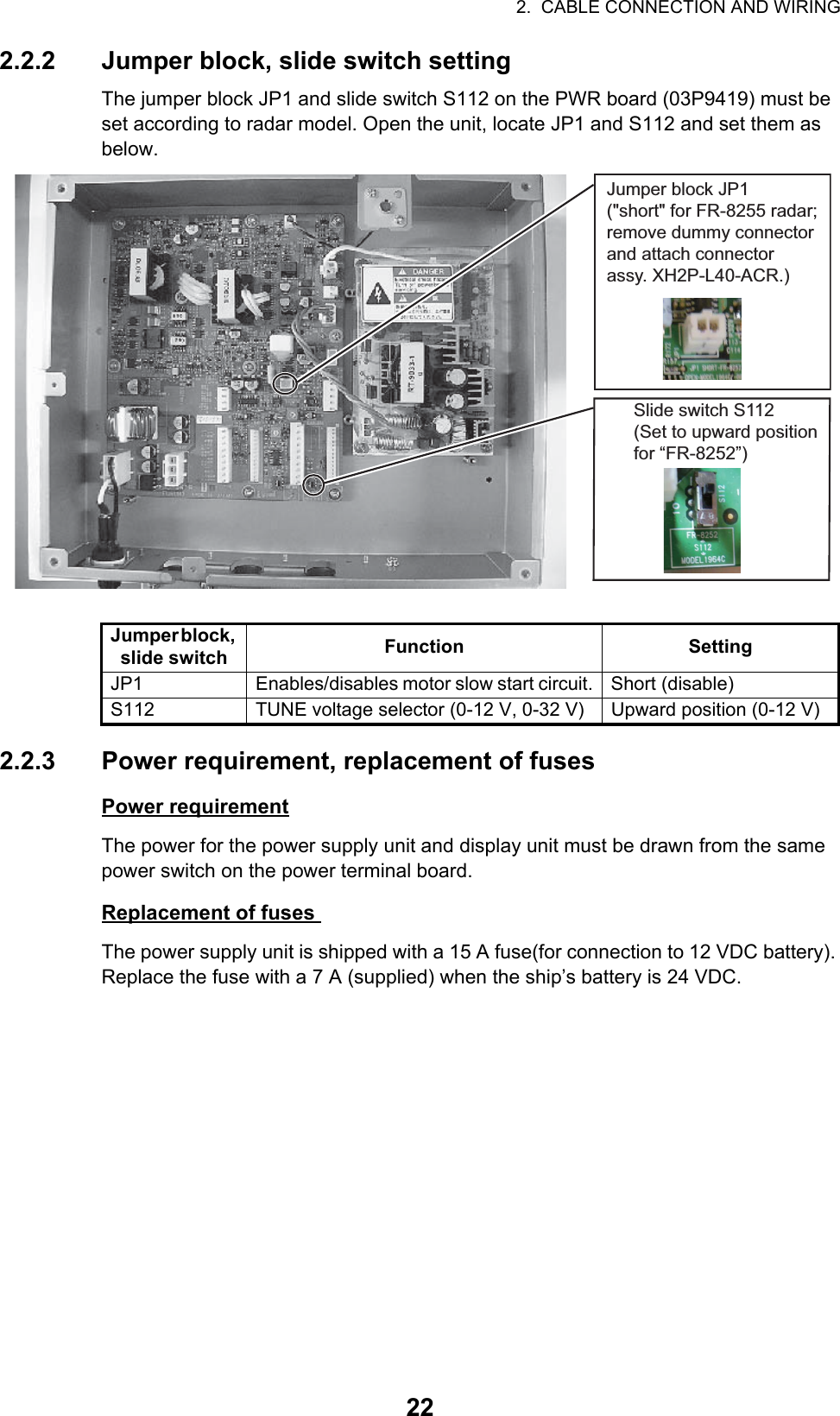 2.  CABLE CONNECTION AND WIRING222.2.2 Jumper block, slide switch settingThe jumper block JP1 and slide switch S112 on the PWR board (03P9419) must be set according to radar model. Open the unit, locate JP1 and S112 and set them as below.2.2.3 Power requirement, replacement of fusesPower requirementThe power for the power supply unit and display unit must be drawn from the same power switch on the power terminal board.Replacement of fuses The power supply unit is shipped with a 15 A fuse(for connection to 12 VDC battery). Replace the fuse with a 7 A (supplied) when the ship’s battery is 24 VDC.Jumper block, slide switch Function SettingJP1 Enables/disables motor slow start circuit. Short (disable)S112 TUNE voltage selector (0-12 V, 0-32 V) Upward position (0-12 V)Jumper block JP1(&quot;short&quot; for FR-8255 radar;remove dummy connector and attach connector assy. XH2P-L40-ACR.)Slide switch S112(Set to upward positionfor “FR-8252”)