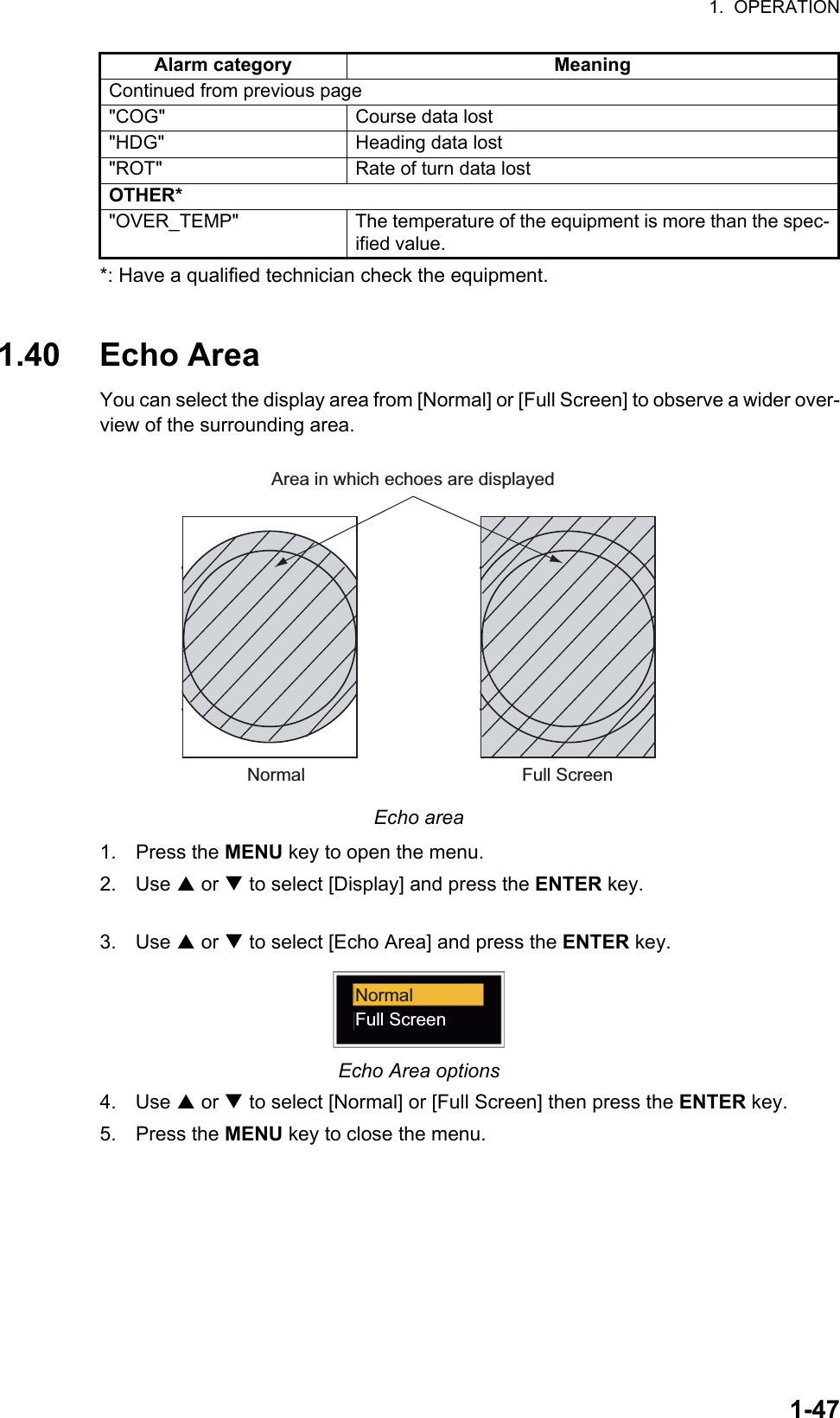 1.  OPERATION1-47*: Have a qualified technician check the equipment.1.40 Echo AreaYou can select the display area from [Normal] or [Full Screen] to observe a wider over-view of the surrounding area.Echo area1. Press the MENU key to open the menu.2. Use S or T to select [Display] and press the ENTER key.3. Use S or T to select [Echo Area] and press the ENTER key.Echo Area options4. Use S or T to select [Normal] or [Full Screen] then press the ENTER key.5. Press the MENU key to close the menu.Continued from previous page&quot;COG&quot; Course data lost&quot;HDG&quot; Heading data lost&quot;ROT&quot; Rate of turn data lostOTHER*&quot;OVER_TEMP&quot; The temperature of the equipment is more than the spec-ified value.Alarm category MeaningNormal Full ScreenArea in which echoes are displayedNormalFull Screen