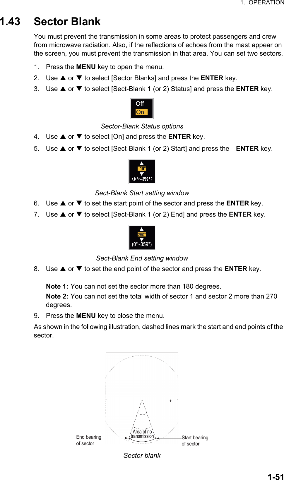 1.  OPERATION1-511.43 Sector BlankYou must prevent the transmission in some areas to protect passengers and crew from microwave radiation. Also, if the reflections of echoes from the mast appear on the screen, you must prevent the transmission in that area. You can set two sectors.1. Press the MENU key to open the menu.2. Use S or T to select [Sector Blanks] and press the ENTER key.3. Use S or T to select [Sect-Blank 1 (or 2) Status] and press the ENTER key.Sector-Blank Status options4. Use S or T to select [On] and press the ENTER key.5. Use S or T to select [Sect-Blank 1 (or 2) Start] and press the ENTER key.Sect-Blank Start setting window6. Use S or T to set the start point of the sector and press the ENTER key.7. Use S or T to select [Sect-Blank 1 (or 2) End] and press the ENTER key.Sect-Blank End setting window8. Use S or T to set the end point of the sector and press the ENTER key.Note 1: You can not set the sector more than 180 degrees.Note 2: You can not set the total width of sector 1 and sector 2 more than 270 degrees.9. Press the MENU key to close the menu.As shown in the following illustration, dashed lines mark the start and end points of the sector.Sector blankOffOn250°(0°~359°)+Area of notransmissionStart bearingof sectorEnd bearingof sector