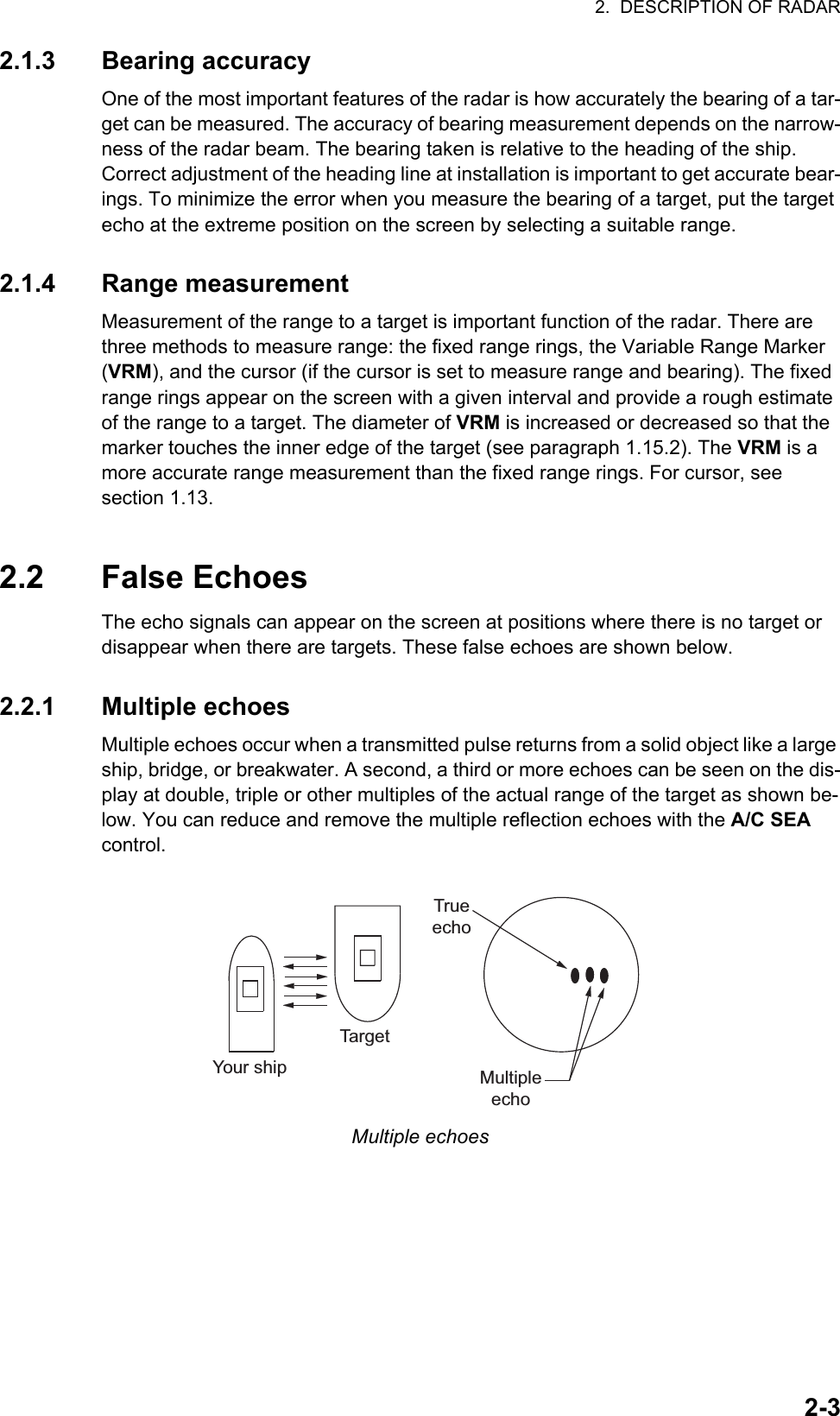 2.  DESCRIPTION OF RADAR2-32.1.3 Bearing accuracyOne of the most important features of the radar is how accurately the bearing of a tar-get can be measured. The accuracy of bearing measurement depends on the narrow-ness of the radar beam. The bearing taken is relative to the heading of the ship. Correct adjustment of the heading line at installation is important to get accurate bear-ings. To minimize the error when you measure the bearing of a target, put the target echo at the extreme position on the screen by selecting a suitable range.2.1.4 Range measurementMeasurement of the range to a target is important function of the radar. There are three methods to measure range: the fixed range rings, the Variable Range Marker (VRM), and the cursor (if the cursor is set to measure range and bearing). The fixed range rings appear on the screen with a given interval and provide a rough estimate of the range to a target. The diameter of VRM is increased or decreased so that the marker touches the inner edge of the target (see paragraph 1.15.2). The VRM is a more accurate range measurement than the fixed range rings. For cursor, see section 1.13.2.2 False EchoesThe echo signals can appear on the screen at positions where there is no target or disappear when there are targets. These false echoes are shown below.2.2.1 Multiple echoesMultiple echoes occur when a transmitted pulse returns from a solid object like a large ship, bridge, or breakwater. A second, a third or more echoes can be seen on the dis-play at double, triple or other multiples of the actual range of the target as shown be-low. You can reduce and remove the multiple reflection echoes with the A/C SEA control.Multiple echoesYour shipTargetTrueechoMultipleecho 