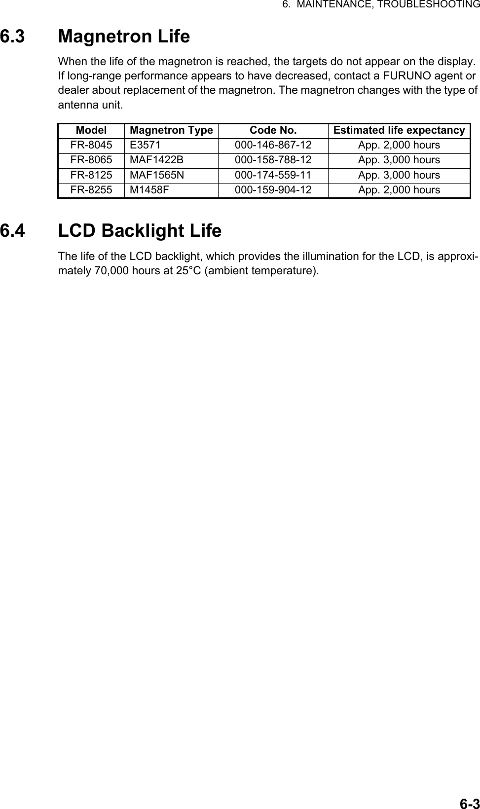 6.  MAINTENANCE, TROUBLESHOOTING6-36.3 Magnetron LifeWhen the life of the magnetron is reached, the targets do not appear on the display. If long-range performance appears to have decreased, contact a FURUNO agent or dealer about replacement of the magnetron. The magnetron changes with the type of antenna unit.6.4 LCD Backlight LifeThe life of the LCD backlight, which provides the illumination for the LCD, is approxi-mately 70,000 hours at 25°C (ambient temperature). Model Magnetron Type Code No. Estimated life expectancyFR-8045 E3571 000-146-867-12 App. 2,000 hoursFR-8065 MAF1422B 000-158-788-12 App. 3,000 hoursFR-8125 MAF1565N 000-174-559-11 App. 3,000 hoursFR-8255 M1458F 000-159-904-12  App. 2,000 hours