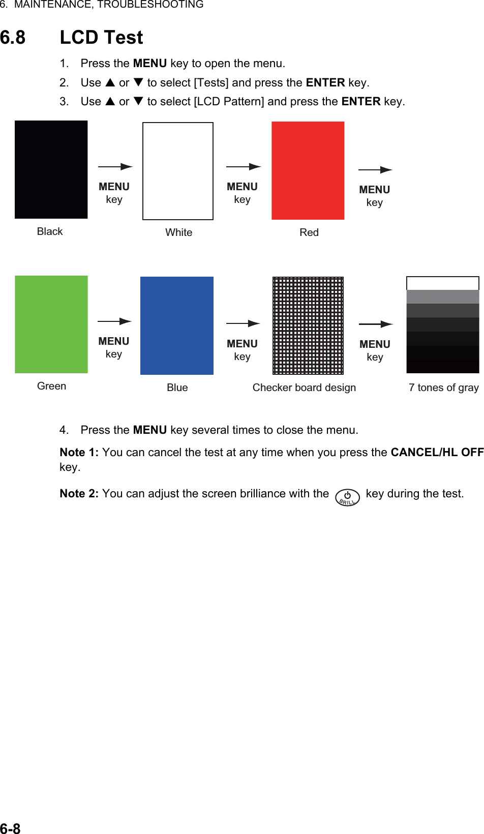 6.  MAINTENANCE, TROUBLESHOOTING6-86.8 LCD Test1. Press the MENU key to open the menu.2. Use S or T to select [Tests] and press the ENTER key.3. Use S or T to select [LCD Pattern] and press the ENTER key.4. Press the MENU key several times to close the menu.Note 1: You can cancel the test at any time when you press the CANCEL/HL OFF key.Note 2: You can adjust the screen brilliance with the   key during the test.BlackMENUkeyMENUkey MENUkeyMENUkey MENUkeyMENUkeyWhite RedGreen Blue Checker board design 7 tones of grayBRILL  