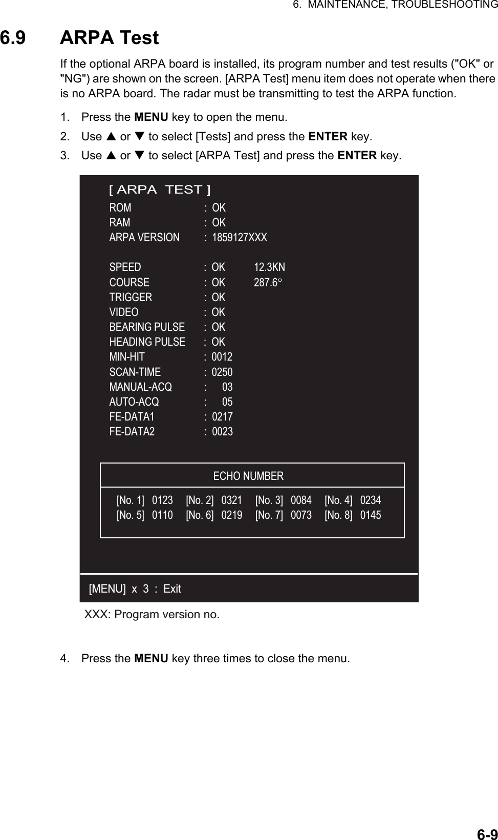 6.  MAINTENANCE, TROUBLESHOOTING6-96.9 ARPA TestIf the optional ARPA board is installed, its program number and test results (&quot;OK&quot; or &quot;NG&quot;) are shown on the screen. [ARPA Test] menu item does not operate when there is no ARPA board. The radar must be transmitting to test the ARPA function.1. Press the MENU key to open the menu.2. Use S or T to select [Tests] and press the ENTER key.3. Use S or T to select [ARPA Test] and press the ENTER key.4. Press the MENU key three times to close the menu.XXX: Program version no.[ ARPA  TEST ]ROM                            :  OKRAM                            :  OKARPA VERSION          :  1859127XXXSPEED                        :  OK           12.3KNCOURSE                     :  OK           287.6°TRIGGER                    :  OKVIDEO                         :  OKBEARING PULSE       :  OKHEADING PULSE       :  OKMIN-HIT                       :  0012SCAN-TIME                 :  0250MANUAL-ACQ             :      03AUTO-ACQ                  :      05FE-DATA1                   :  0217FE-DATA2                   :  0023ECHO NUMBER[No. 1]   0123     [No. 2]   0321     [No. 3]   0084     [No. 4]   0234[No. 5]   0110     [No. 6]   0219     [No. 7]   0073     [No. 8]   0145[MENU]  x  3  :  Exit