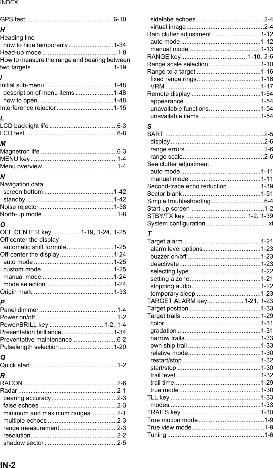 INDEXIN-2GPS test...................................................6-10HHeading linehow to hide temporarily ..........................1-34Head-up mode ...........................................1-8How to measure the range and bearing betweentwo targets ...............................................1-19IInitial sub-menu........................................1-48description of menu items ......................1-48how to open............................................1-48Interference rejector.................................1-15LLCD backlight life .......................................6-3LCD test .....................................................6-8MMagnetron life ............................................6-3MENU key..................................................1-4Menu overview...........................................1-4NNavigation datascreen bottom ........................................1-42standby...................................................1-42Noise rejector...........................................1-38North-up mode ...........................................1-8OOFF CENTER key ................1-19, 1-24, 1-25Off center the displayautomatic shift formula...........................1-25Off-center the display...............................1-24auto mode ..............................................1-25custom mode..........................................1-25manual mode .........................................1-24mode selection.......................................1-24Origin mark ..............................................1-33PPanel dimmer.............................................1-4Power on/off...............................................1-2Power/BRILL key ............................... 1-2, 1-4Presentation brilliance..............................1-34Preventative maintenance .........................6-2Pulselength selection ...............................1-20QQuick start..................................................1-2RRACON ......................................................2-6Radar .........................................................2-1bearing accuracy......................................2-3false echoes.............................................2-3minimum and maximum ranges...............2-1multiple echoes ........................................2-3range measurement.................................2-3resolution..................................................2-2shadow sector..........................................2-5sidelobe echoes .......................................2-4virtual image.............................................2-4Rain clutter adjustment ............................1-12auto mode ..............................................1-12manual mode .........................................1-13RANGE key...................................... 1-10, 2-6Range scale selection..............................1-10Range to a target .....................................1-16fixed range rings.....................................1-16VRM .......................................................1-17Remote display ........................................1-54appearance ............................................1-54unavailable functions..............................1-54unavailable items ...................................1-54SSART .........................................................2-5display ......................................................2-6range errors..............................................2-6range scale...............................................2-6Sea clutter adjustmentauto mode ..............................................1-11manual mode .........................................1-11Second-trace echo reduction ...................1-39Sector blank .............................................1-51Simple troubleshooting...............................6-4Start-up screen ..........................................1-2STBY/TX key ................................... 1-2, 1-39System configuration.................................... xiTTarget alarm.............................................1-21alarm level options .................................1-23buzzer on/off ..........................................1-23deactivate...............................................1-23selecting type .........................................1-22setting a zone.........................................1-21stopping audio........................................1-22temporary sleep .....................................1-23TARGET ALARM key..................... 1-21, 1-23Target position .........................................1-33Target trails ..............................................1-29color .......................................................1-31gradation ................................................1-31narrow trails............................................1-33own ship trail ..........................................1-33relative mode..........................................1-30restart/stop .............................................1-32start/stop ................................................1-30trail level.................................................1-32trail time..................................................1-29true mode...............................................1-30TLL key ....................................................1-33modes ....................................................1-33TRAILS key..............................................1-30True motion mode......................................1-9True view mode..........................................1-9Tuning ........................................................1-6