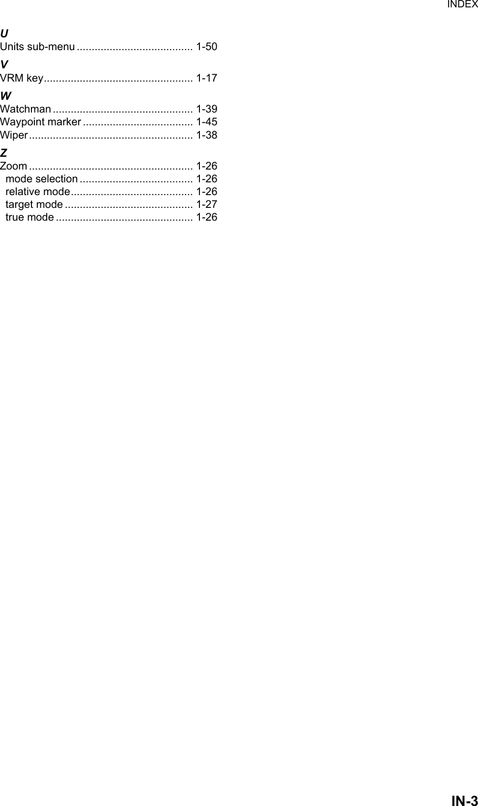 INDEXIN-3UUnits sub-menu ....................................... 1-50VVRM key.................................................. 1-17WWatchman ............................................... 1-39Waypoint marker ..................................... 1-45Wiper....................................................... 1-38ZZoom ....................................................... 1-26mode selection ...................................... 1-26relative mode......................................... 1-26target mode ........................................... 1-27true mode .............................................. 1-26