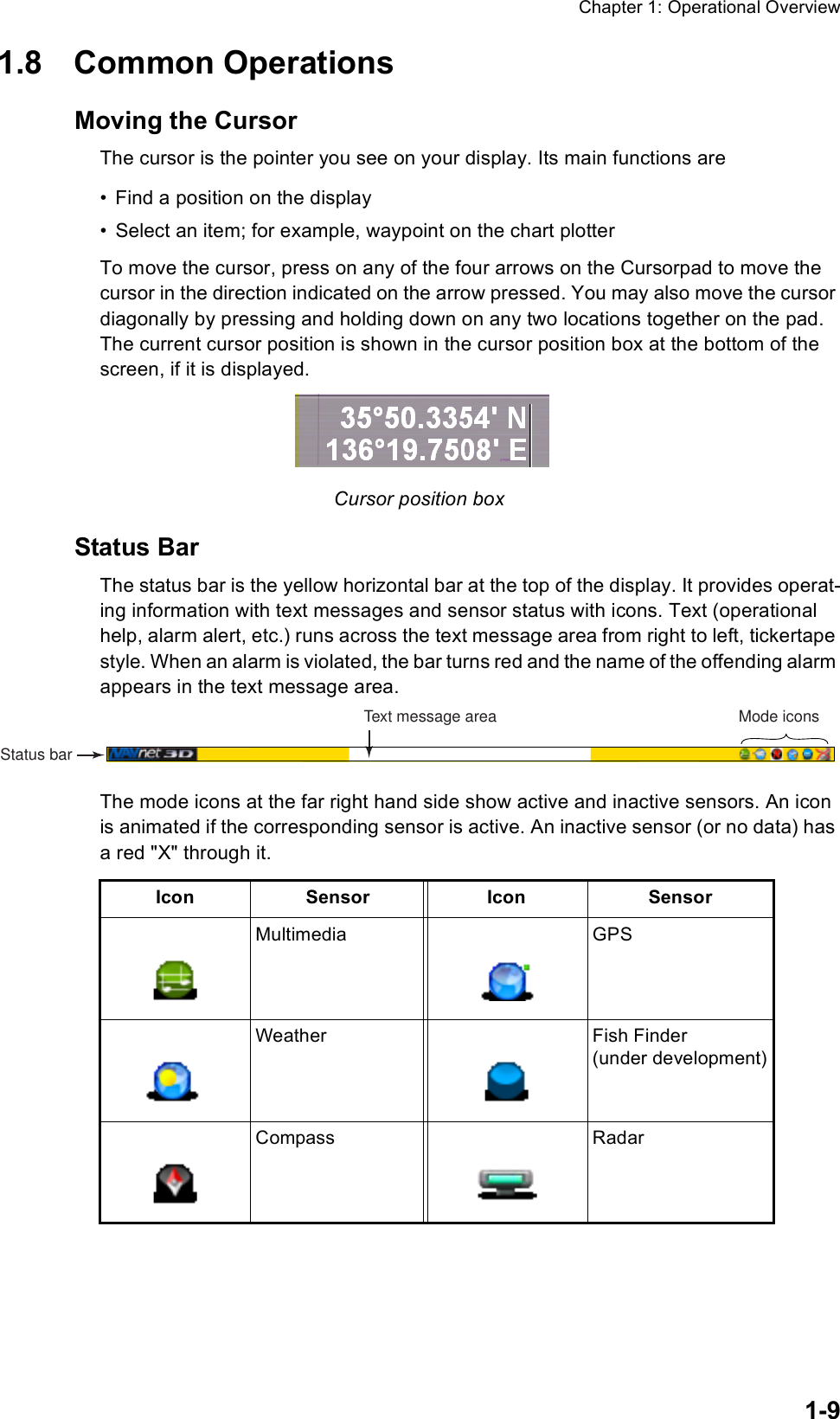 Chapter 1: Operational Overview1-91.8 Common OperationsMoving the CursorThe cursor is the pointer you see on your display. Its main functions are • Find a position on the display• Select an item; for example, waypoint on the chart plotterTo move the cursor, press on any of the four arrows on the Cursorpad to move the cursor in the direction indicated on the arrow pressed. You may also move the cursor diagonally by pressing and holding down on any two locations together on the pad. The current cursor position is shown in the cursor position box at the bottom of the screen, if it is displayed. Cursor position box Status BarThe status bar is the yellow horizontal bar at the top of the display. It provides operat-ing information with text messages and sensor status with icons. Text (operational help, alarm alert, etc.) runs across the text message area from right to left, tickertape style. When an alarm is violated, the bar turns red and the name of the offending alarm appears in the text message area. The mode icons at the far right hand side show active and inactive sensors. An icon is animated if the corresponding sensor is active. An inactive sensor (or no data) has a red &quot;X&quot; through it.Icon Sensor Icon SensorMultimedia GPSWeather Fish Finder(under development)Compass RadarStatus barText message area Mode icons