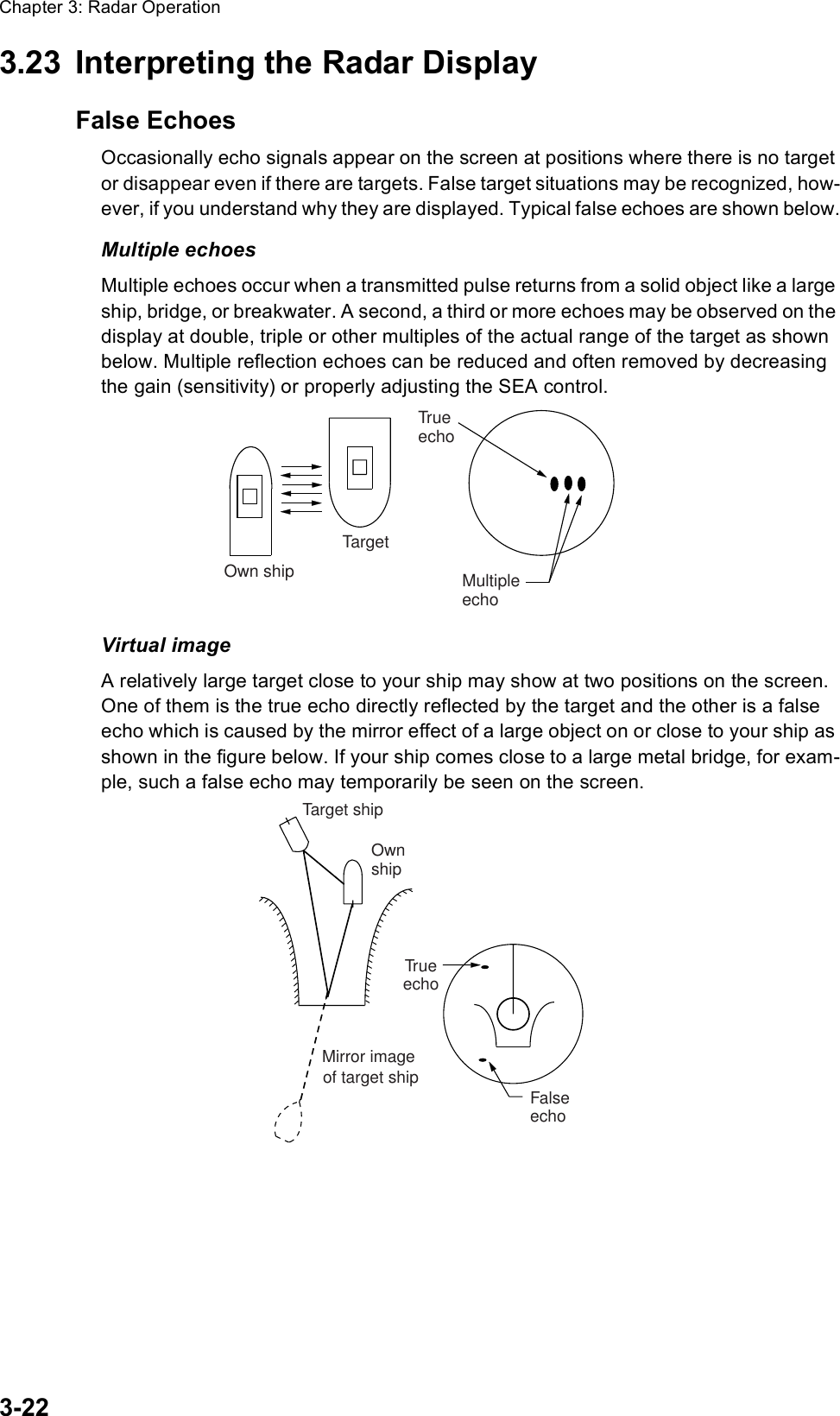 Chapter 3: Radar Operation3-223.23 Interpreting the Radar DisplayFalse EchoesOccasionally echo signals appear on the screen at positions where there is no target or disappear even if there are targets. False target situations may be recognized, how-ever, if you understand why they are displayed. Typical false echoes are shown below.Multiple echoesMultiple echoes occur when a transmitted pulse returns from a solid object like a large ship, bridge, or breakwater. A second, a third or more echoes may be observed on the display at double, triple or other multiples of the actual range of the target as shown below. Multiple reflection echoes can be reduced and often removed by decreasing the gain (sensitivity) or properly adjusting the SEA control.Virtual imageA relatively large target close to your ship may show at two positions on the screen. One of them is the true echo directly reflected by the target and the other is a false echo which is caused by the mirror effect of a large object on or close to your ship as shown in the figure below. If your ship comes close to a large metal bridge, for exam-ple, such a false echo may temporarily be seen on the screen.Own shipTargetTrueechoMultiple echoTrueechoFalseechoOwnshipTarget shipMirror imageof target ship