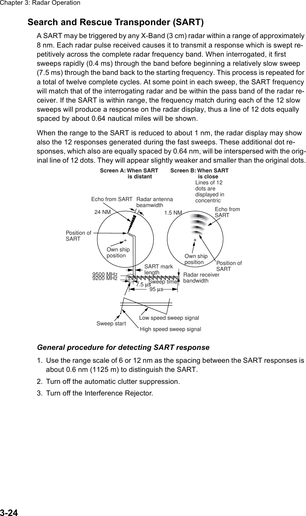 Chapter 3: Radar Operation3-24Search and Rescue Transponder (SART)A SART may be triggered by any X-Band (3 cm) radar within a range of approximately 8 nm. Each radar pulse received causes it to transmit a response which is swept re-petitively across the complete radar frequency band. When interrogated, it first sweeps rapidly (0.4 ms) through the band before beginning a relatively slow sweep (7.5 ms) through the band back to the starting frequency. This process is repeated for a total of twelve complete cycles. At some point in each sweep, the SART frequency will match that of the interrogating radar and be within the pass band of the radar re-ceiver. If the SART is within range, the frequency match during each of the 12 slow sweeps will produce a response on the radar display, thus a line of 12 dots equally spaced by about 0.64 nautical miles will be shown.When the range to the SART is reduced to about 1 nm, the radar display may show also the 12 responses generated during the fast sweeps. These additional dot re-sponses, which also are equally spaced by 0.64 nm, will be interspersed with the orig-inal line of 12 dots. They will appear slightly weaker and smaller than the original dots.General procedure for detecting SART response1. Use the range scale of 6 or 12 nm as the spacing between the SART responses is about 0.6 nm (1125 m) to distinguish the SART.2. Turn off the automatic clutter suppression.3. Turn off the Interference Rejector.9500 MHz9200 MHzRadar antennabeamwidthScreen A: When SART                  is distantScreen B: When SART                  is close Lines of 12 dots are displayed in concentric Echo from SARTPosition ofSARTOwn shipposition Own shippositionSART marklength Radar receiverbandwidthSweep time7.5 μs 95 μs Sweep start High speed sweep signalLow speed sweep signal24 NM 1.5 NMPosition ofSARTEcho fromSART