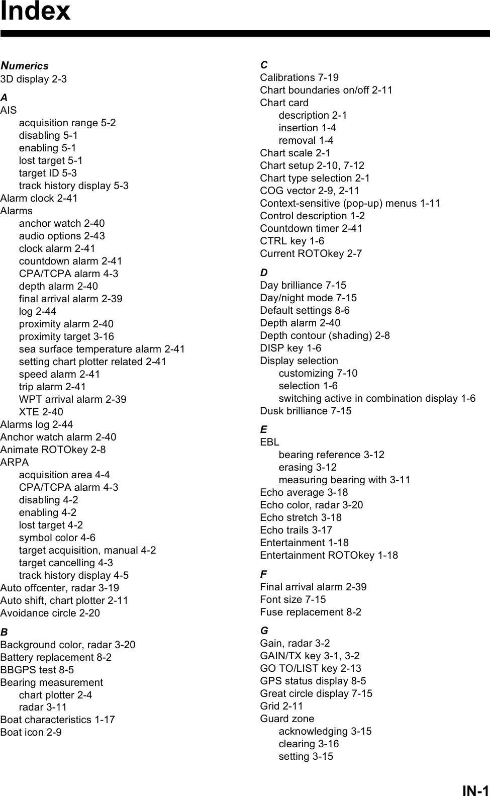 IN-1IndexNumerics3D display 2-3AAISacquisition range 5-2disabling 5-1enabling 5-1lost target 5-1target ID 5-3track history display 5-3Alarm clock 2-41Alarmsanchor watch 2-40audio options 2-43clock alarm 2-41countdown alarm 2-41CPA/TCPA alarm 4-3depth alarm 2-40final arrival alarm 2-39log 2-44proximity alarm 2-40proximity target 3-16sea surface temperature alarm 2-41setting chart plotter related 2-41speed alarm 2-41trip alarm 2-41WPT arrival alarm 2-39XTE 2-40Alarms log 2-44Anchor watch alarm 2-40Animate ROTOkey 2-8ARPAacquisition area 4-4CPA/TCPA alarm 4-3disabling 4-2enabling 4-2lost target 4-2symbol color 4-6target acquisition, manual 4-2target cancelling 4-3track history display 4-5Auto offcenter, radar 3-19Auto shift, chart plotter 2-11Avoidance circle 2-20BBackground color, radar 3-20Battery replacement 8-2BBGPS test 8-5Bearing measurementchart plotter 2-4radar 3-11Boat characteristics 1-17Boat icon 2-9CCalibrations 7-19Chart boundaries on/off 2-11Chart carddescription 2-1insertion 1-4removal 1-4Chart scale 2-1Chart setup 2-10, 7-12Chart type selection 2-1COG vector 2-9, 2-11Context-sensitive (pop-up) menus 1-11Control description 1-2Countdown timer 2-41CTRL key 1-6Current ROTOkey 2-7DDay brilliance 7-15Day/night mode 7-15Default settings 8-6Depth alarm 2-40Depth contour (shading) 2-8DISP key 1-6Display selectioncustomizing 7-10selection 1-6switching active in combination display 1-6Dusk brilliance 7-15EEBLbearing reference 3-12erasing 3-12measuring bearing with 3-11Echo average 3-18Echo color, radar 3-20Echo stretch 3-18Echo trails 3-17Entertainment 1-18Entertainment ROTOkey 1-18FFinal arrival alarm 2-39Font size 7-15Fuse replacement 8-2GGain, radar 3-2GAIN/TX key 3-1, 3-2GO TO/LIST key 2-13GPS status display 8-5Great circle display 7-15Grid 2-11Guard zoneacknowledging 3-15clearing 3-16setting 3-15