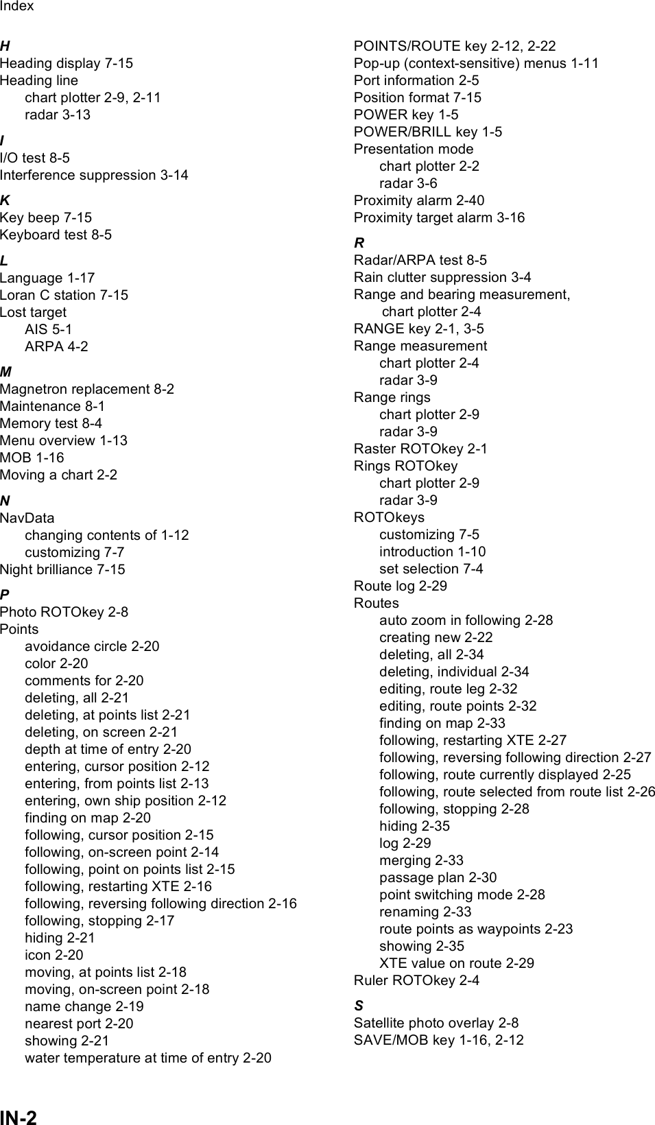 IndexIN-2HHeading display 7-15Heading linechart plotter 2-9, 2-11radar 3-13II/O test 8-5Interference suppression 3-14KKey beep 7-15Keyboard test 8-5LLanguage 1-17Loran C station 7-15Lost targetAIS 5-1ARPA 4-2MMagnetron replacement 8-2Maintenance 8-1Memory test 8-4Menu overview 1-13MOB 1-16Moving a chart 2-2NNavDatachanging contents of 1-12customizing 7-7Night brilliance 7-15PPhoto ROTOkey 2-8Pointsavoidance circle 2-20color 2-20comments for 2-20deleting, all 2-21deleting, at points list 2-21deleting, on screen 2-21depth at time of entry 2-20entering, cursor position 2-12entering, from points list 2-13entering, own ship position 2-12finding on map 2-20following, cursor position 2-15following, on-screen point 2-14following, point on points list 2-15following, restarting XTE 2-16following, reversing following direction 2-16following, stopping 2-17hiding 2-21icon 2-20moving, at points list 2-18moving, on-screen point 2-18name change 2-19nearest port 2-20showing 2-21water temperature at time of entry 2-20POINTS/ROUTE key 2-12, 2-22Pop-up (context-sensitive) menus 1-11Port information 2-5Position format 7-15POWER key 1-5POWER/BRILL key 1-5Presentation modechart plotter 2-2radar 3-6Proximity alarm 2-40Proximity target alarm 3-16RRadar/ARPA test 8-5Rain clutter suppression 3-4Range and bearing measurement,       chart plotter 2-4RANGE key 2-1, 3-5Range measurementchart plotter 2-4radar 3-9Range ringschart plotter 2-9radar 3-9Raster ROTOkey 2-1Rings ROTOkeychart plotter 2-9radar 3-9ROTOkeyscustomizing 7-5introduction 1-10set selection 7-4Route log 2-29Routesauto zoom in following 2-28creating new 2-22deleting, all 2-34deleting, individual 2-34editing, route leg 2-32editing, route points 2-32finding on map 2-33following, restarting XTE 2-27following, reversing following direction 2-27following, route currently displayed 2-25following, route selected from route list 2-26following, stopping 2-28hiding 2-35log 2-29merging 2-33passage plan 2-30point switching mode 2-28renaming 2-33route points as waypoints 2-23showing 2-35XTE value on route 2-29Ruler ROTOkey 2-4SSatellite photo overlay 2-8SAVE/MOB key 1-16, 2-12