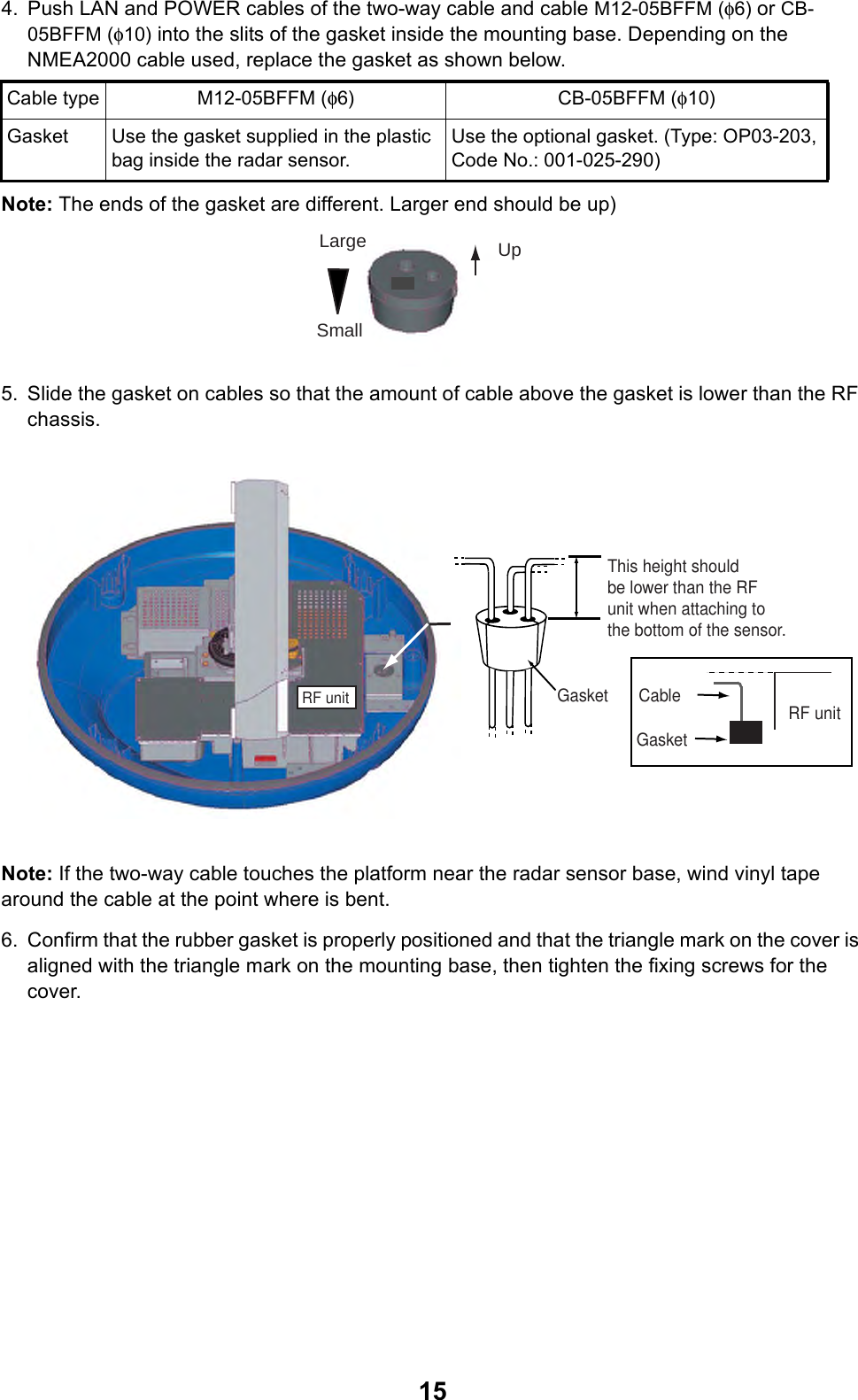 154. Push LAN and POWER cables of the two-way cable and cable M12-05BFFM (φ6) or CB-05BFFM (φ10) into the slits of the gasket inside the mounting base. Depending on the NMEA2000 cable used, replace the gasket as shown below.Note: The ends of the gasket are different. Larger end should be up)5. Slide the gasket on cables so that the amount of cable above the gasket is lower than the RF chassis.Note: If the two-way cable touches the platform near the radar sensor base, wind vinyl tape around the cable at the point where is bent.6. Confirm that the rubber gasket is properly positioned and that the triangle mark on the cover is aligned with the triangle mark on the mounting base, then tighten the fixing screws for the cover. Cable type M12-05BFFM (φ6) CB-05BFFM (φ10)Gasket Use the gasket supplied in the plastic bag inside the radar sensor.Use the optional gasket. (Type: OP03-203, Code No.: 001-025-290)UpLargeSmallThis height should be lower than the RF unit when attaching to the bottom of the sensor.GasketRF unitRF unitGasketCable