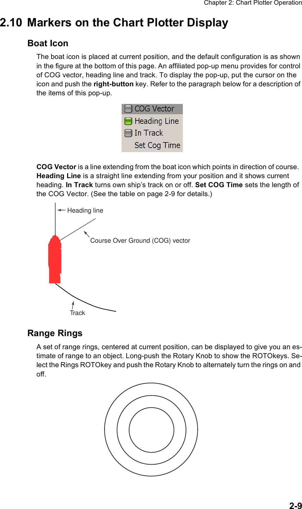 Chapter 2: Chart Plotter Operation2-92.10 Markers on the Chart Plotter DisplayBoat IconThe boat icon is placed at current position, and the default configuration is as shown in the figure at the bottom of this page. An affiliated pop-up menu provides for control of COG vector, heading line and track. To display the pop-up, put the cursor on the icon and push the right-button key. Refer to the paragraph below for a description of the items of this pop-up.COG Vector is a line extending from the boat icon which points in direction of course.  Heading Line is a straight line extending from your position and it shows current heading. In Track turns own ship’s track on or off. Set COG Time sets the length of the COG Vector. (See the table on page 2-9 for details.) Range RingsA set of range rings, centered at current position, can be displayed to give you an es-timate of range to an object. Long-push the Rotary Knob to show the ROTOkeys. Se-lect the Rings ROTOkey and push the Rotary Knob to alternately turn the rings on and off. Course Over Ground (COG) vectorTrackHeading line