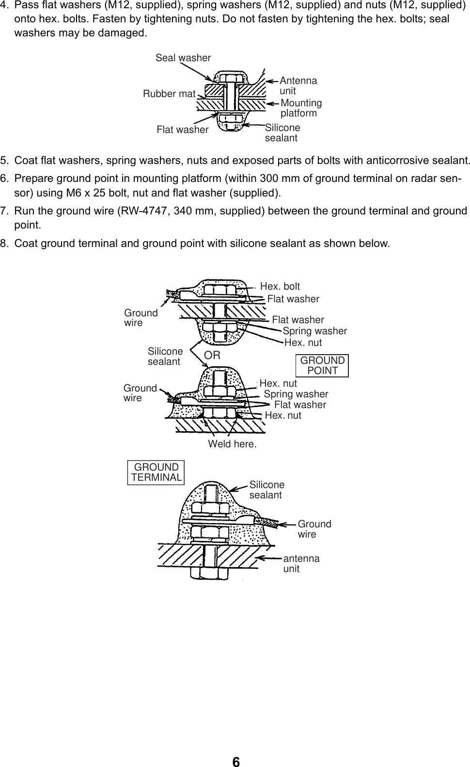 64. Pass flat washers (M12, supplied), spring washers (M12, supplied) and nuts (M12, supplied) onto hex. bolts. Fasten by tightening nuts. Do not fasten by tightening the hex. bolts; seal washers may be damaged.5. Coat flat washers, spring washers, nuts and exposed parts of bolts with anticorrosive sealant.6. Prepare ground point in mounting platform (within 300 mm of ground terminal on radar sen-sor) using M6 x 25 bolt, nut and flat washer (supplied).7. Run the ground wire (RW-4747, 340 mm, supplied) between the ground terminal and ground point.8. Coat ground terminal and ground point with silicone sealant as shown below.AntennaunitMountingplatformSiliconesealantFlat washerRubber matSeal washerGroundwireHex. boltFlat washerSpring washerFlat washerHex. nutSiliconesealantHex. nutWeld here.SiliconesealantGroundwireantennaunitORFlat washerSpring washerGroundwireGROUNDTERMINALGROUNDPOINTHex. nut