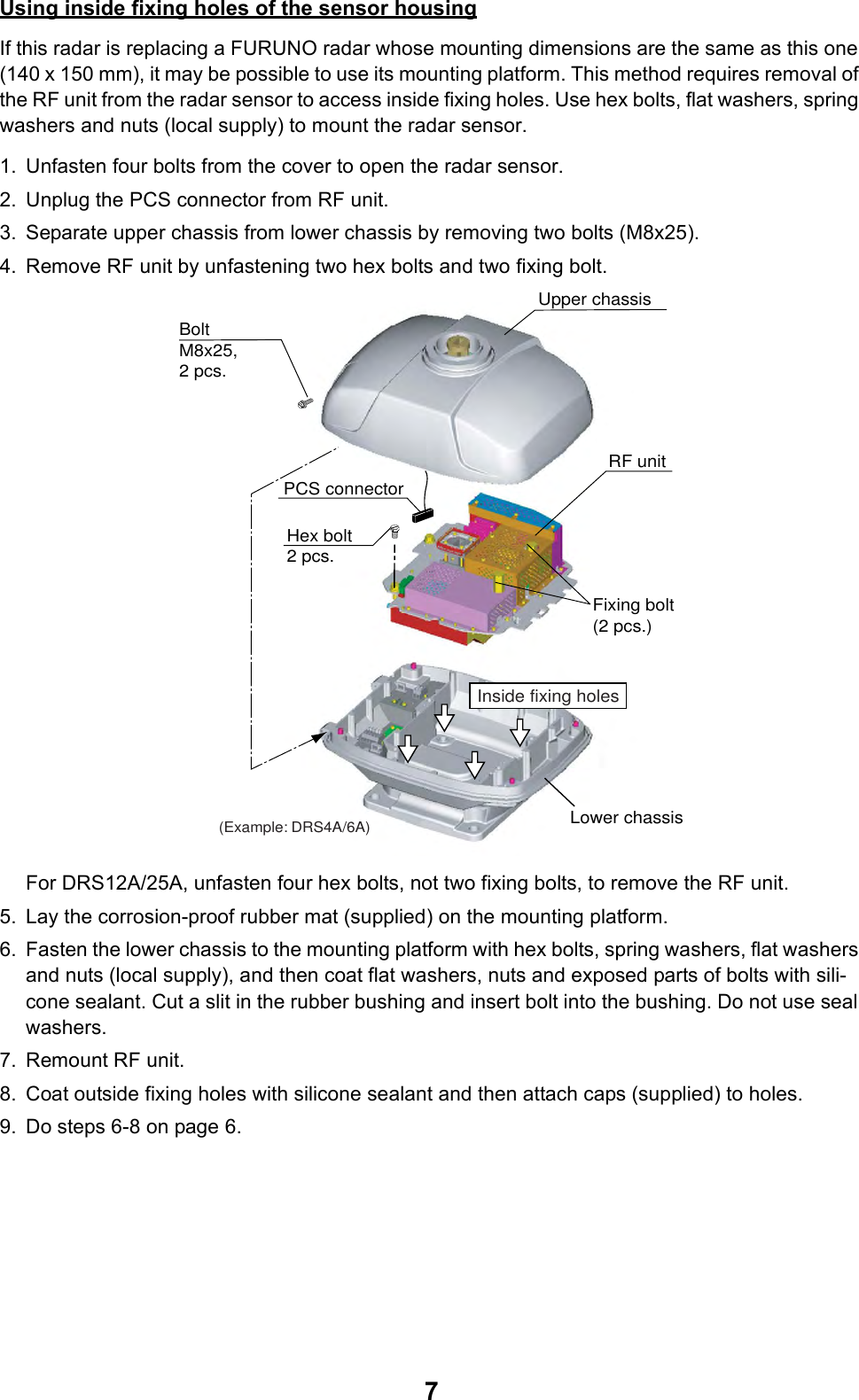 7Using inside fixing holes of the sensor housingIf this radar is replacing a FURUNO radar whose mounting dimensions are the same as this one (140 x 150 mm), it may be possible to use its mounting platform. This method requires removal of the RF unit from the radar sensor to access inside fixing holes. Use hex bolts, flat washers, spring washers and nuts (local supply) to mount the radar sensor.1. Unfasten four bolts from the cover to open the radar sensor.2. Unplug the PCS connector from RF unit.3. Separate upper chassis from lower chassis by removing two bolts (M8x25).4. Remove RF unit by unfastening two hex bolts and two fixing bolt.For DRS12A/25A, unfasten four hex bolts, not two fixing bolts, to remove the RF unit.5. Lay the corrosion-proof rubber mat (supplied) on the mounting platform.6. Fasten the lower chassis to the mounting platform with hex bolts, spring washers, flat washers and nuts (local supply), and then coat flat washers, nuts and exposed parts of bolts with sili-cone sealant. Cut a slit in the rubber bushing and insert bolt into the bushing. Do not use seal washers.7. Remount RF unit.8. Coat outside fixing holes with silicone sealant and then attach caps (supplied) to holes.9. Do steps 6-8 on page 6.BoltM8x25, 2 pcs.Inside fixing holesRF unitUpper chassisPCS connectorHex bolt2 pcs.Fixing bolt(2 pcs.)Lower chassis(Example: DRS4A/6A)