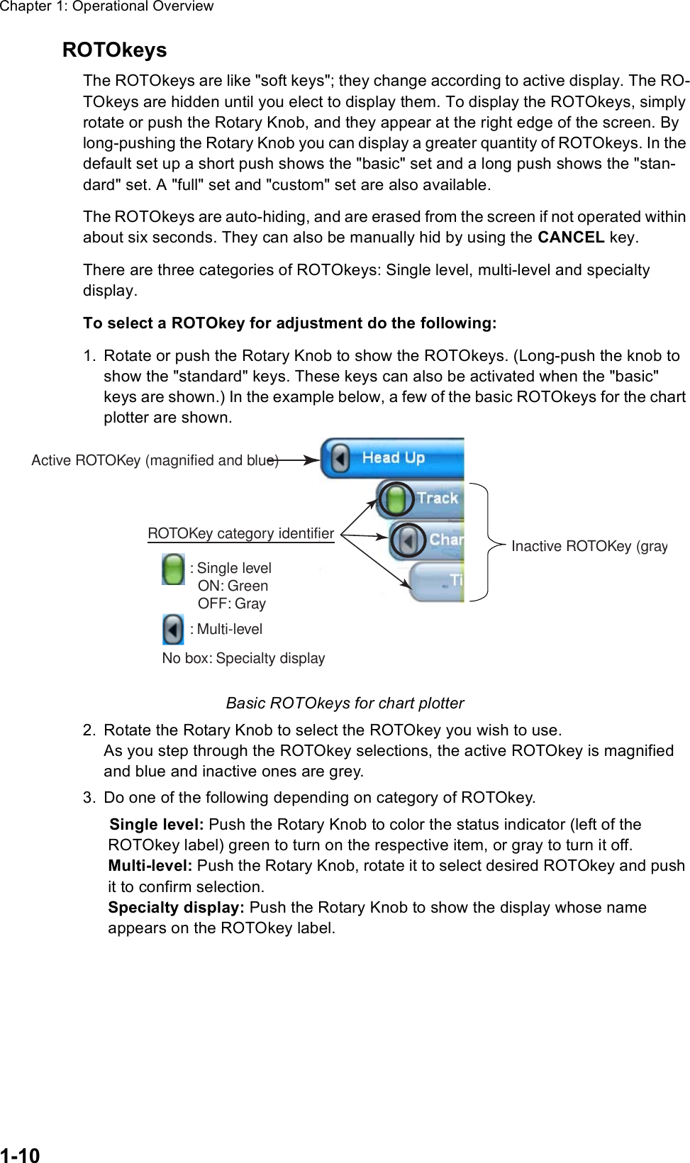 Chapter 1: Operational Overview1-10ROTOkeysThe ROTOkeys are like &quot;soft keys&quot;; they change according to active display. The RO-TOkeys are hidden until you elect to display them. To display the ROTOkeys, simply rotate or push the Rotary Knob, and they appear at the right edge of the screen. By long-pushing the Rotary Knob you can display a greater quantity of ROTOkeys. In the default set up a short push shows the &quot;basic&quot; set and a long push shows the &quot;stan-dard&quot; set. A &quot;full&quot; set and &quot;custom&quot; set are also available. The ROTOkeys are auto-hiding, and are erased from the screen if not operated within about six seconds. They can also be manually hid by using the CANCEL key.There are three categories of ROTOkeys: Single level, multi-level and specialtydisplay. To select a ROTOkey for adjustment do the following:1. Rotate or push the Rotary Knob to show the ROTOkeys. (Long-push the knob to show the &quot;standard&quot; keys. These keys can also be activated when the &quot;basic&quot; keys are shown.) In the example below, a few of the basic ROTOkeys for the chart plotter are shown.Basic ROTOkeys for chart plotter2. Rotate the Rotary Knob to select the ROTOkey you wish to use. As you step through the ROTOkey selections, the active ROTOkey is magnified and blue and inactive ones are grey.3. Do one of the following depending on category of ROTOkey.    Single level: Push the Rotary Knob to color the status indicator (left of the ROTOkey label) green to turn on the respective item, or gray to turn it off.Multi-level: Push the Rotary Knob, rotate it to select desired ROTOkey and push it to confirm selection.Specialty display: Push the Rotary Knob to show the display whose name appears on the ROTOkey label.Active ROTOKey (magnified and blue)Inactive ROTOKey (grayROTOKey category identifier: Multi-level: Single level   ON: Green  OFF: GrayNo box: Specialty display