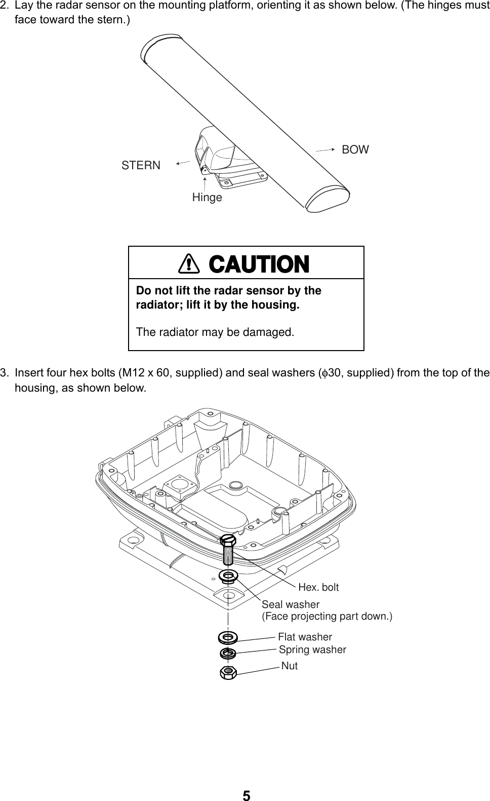 52. Lay the radar sensor on the mounting platform, orienting it as shown below. (The hinges must face toward the stern.)3. Insert four hex bolts (M12 x 60, supplied) and seal washers (φ30, supplied) from the top of the housing, as shown below.STERNBOWHingeCAUTIONDo not lift the radar sensor by the radiator; lift it by the housing.The radiator may be damaged.Hex. boltSeal washer(Face projecting part down.)Flat washerSpring washerNut