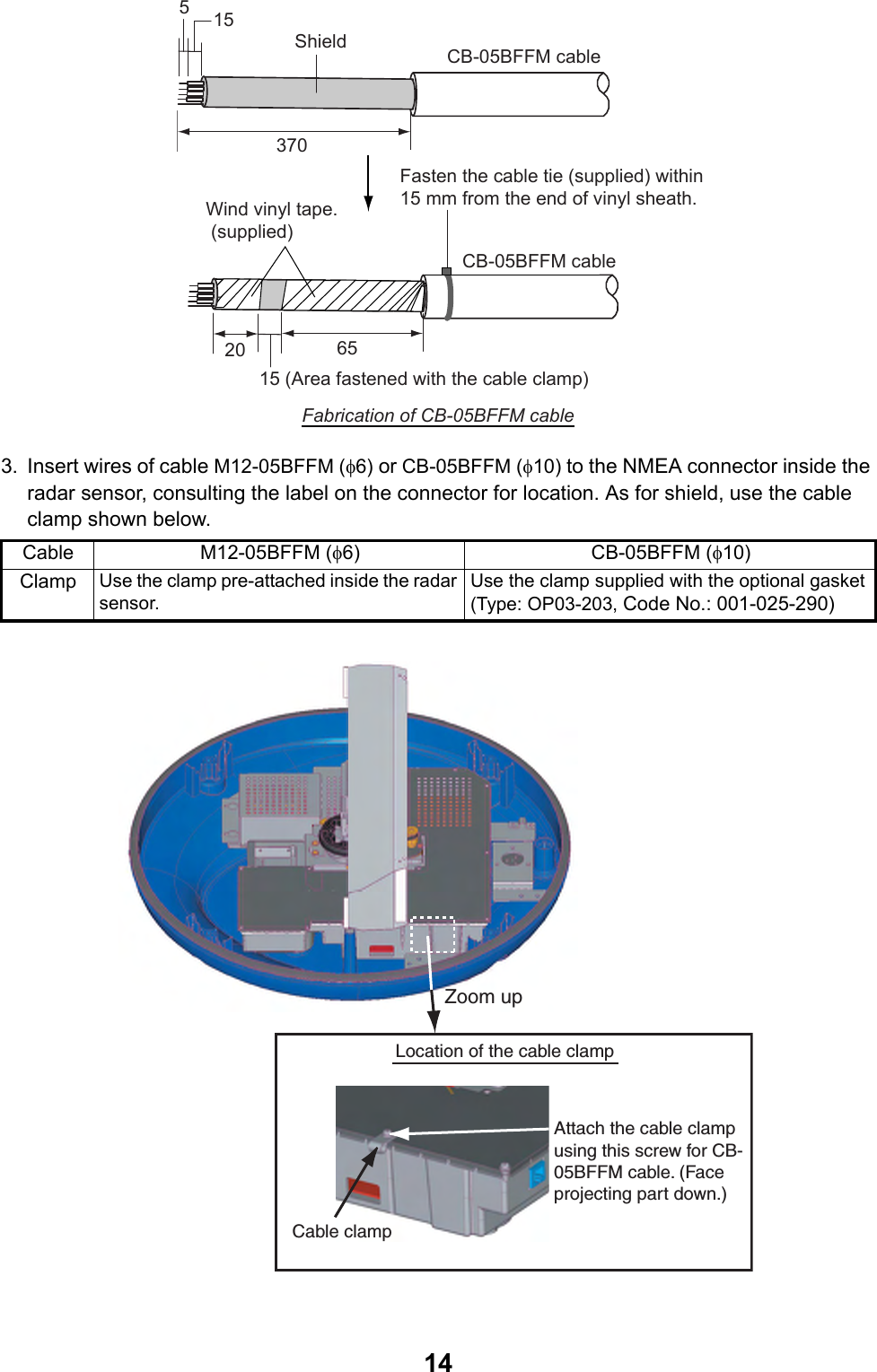 143. Insert wires of cable M12-05BFFM (φ6) or CB-05BFFM (φ10) to the NMEA connector inside the radar sensor, consulting the label on the connector for location. As for shield, use the cable clamp shown below. Cable M12-05BFFM (φ6) CB-05BFFM (φ10)Clamp Use the clamp pre-attached inside the radar sensor.Use the clamp supplied with the optional gasket (Type: OP03-203, Code No.: 001-025-290)155CB-05BFFM cable370CB-05BFFM cable20 6515 (Area fastened with the cable clamp)Wind vinyl tape. (supplied)Fabrication of CB-05BFFM cableFasten the cable tie (supplied) within 15 mm from the end of vinyl sheath.ShieldZoom upAttach the cable clamp using this screw for CB-05BFFM cable. (Face projecting part down.)Cable clampLocation of the cable clamp