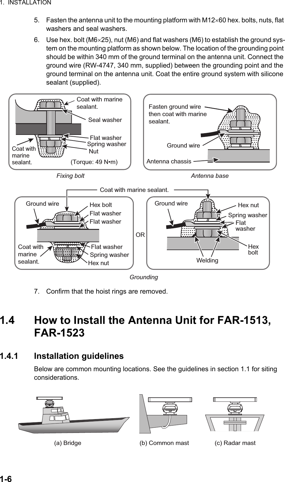 1.  INSTALLATION1-65. Fasten the antenna unit to the mounting platform with M1260 hex. bolts, nuts, flat washers and seal washers.6. Use hex. bolt (M625), nut (M6) and flat washers (M6) to establish the ground sys-tem on the mounting platform as shown below. The location of the grounding point should be within 340 mm of the ground terminal on the antenna unit. Connect the ground wire (RW-4747, 340 mm, supplied) between the grounding point and the ground terminal on the antenna unit. Coat the entire ground system with silicone sealant (supplied).7. Confirm that the hoist rings are removed.1.4 How to Install the Antenna Unit for FAR-1513, FAR-15231.4.1 Installation guidelinesBelow are common mounting locations. See the guidelines in section 1.1 for siting considerations. Hex boltORGround wireWeldingHex nutGroundingHex boltFlat washerHex nutSpring washerFlat washer Flat washerSpring washerGround wireCoat with marine sealant.Flat washerCoat with marine sealant.Seal washer(Torque: 49 N•m)Flat washerSpring washerFasten ground wire then coat with marine sealant.Ground wireAntenna chassisNutFixing bolt Antenna baseCoat with marine sealant.Coat with marine sealant.(a) Bridge (b) Common mast (c) Radar mast